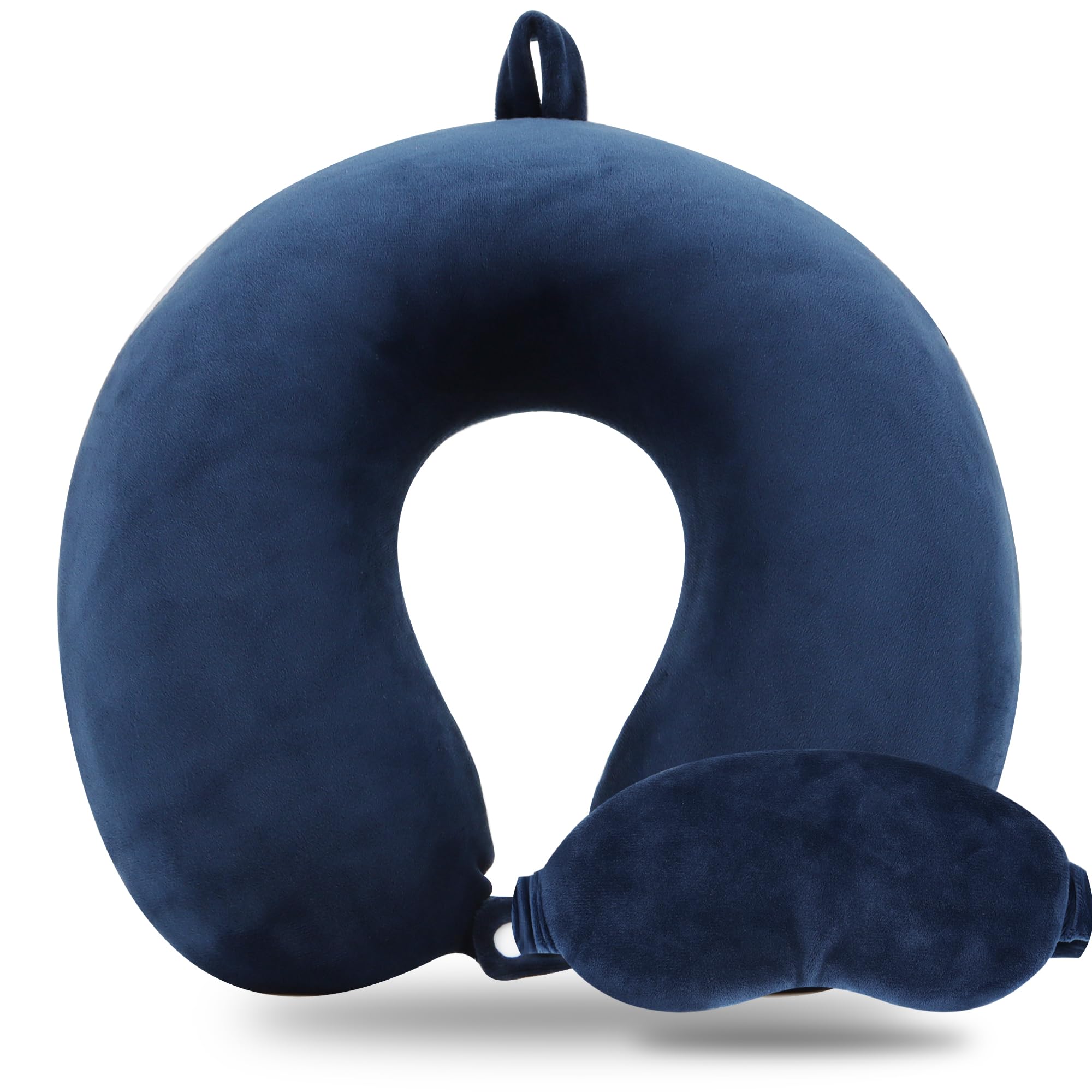 Memory Foam Travel Pillow Set for Adults - Neck Support Pillow with Removable Washable Cover & Sleep Mask - Perfect for Airplane, Car, Office & Home Use - Dark Blue