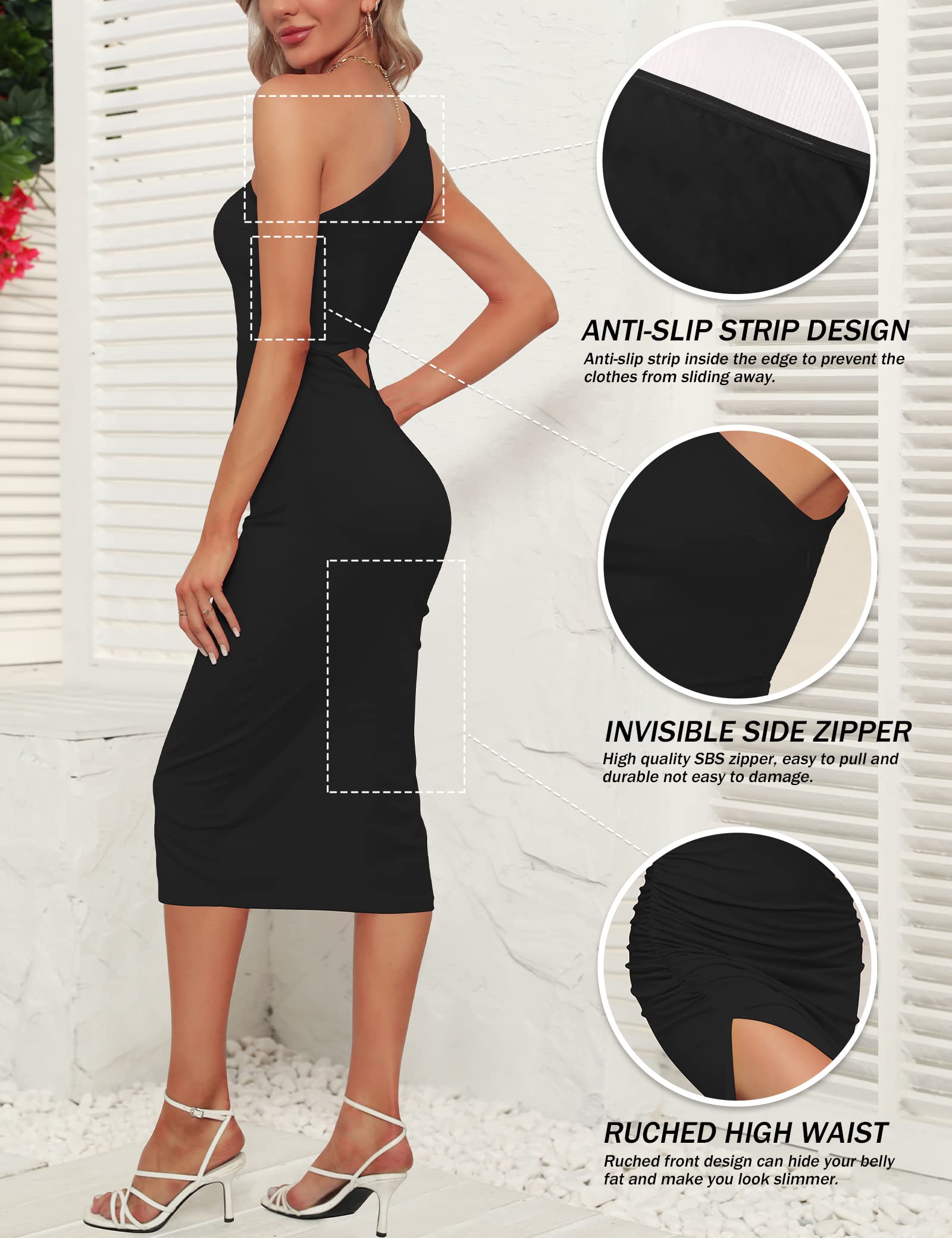 Sarin Mathews Women's One Shoulder Ruched Bodycon Dress - Sexy Sleeveless Slit Midi Dress for Party, Cocktail, Wedding Guest | Perfect for Night Out, Date Night, and Special Occasions
