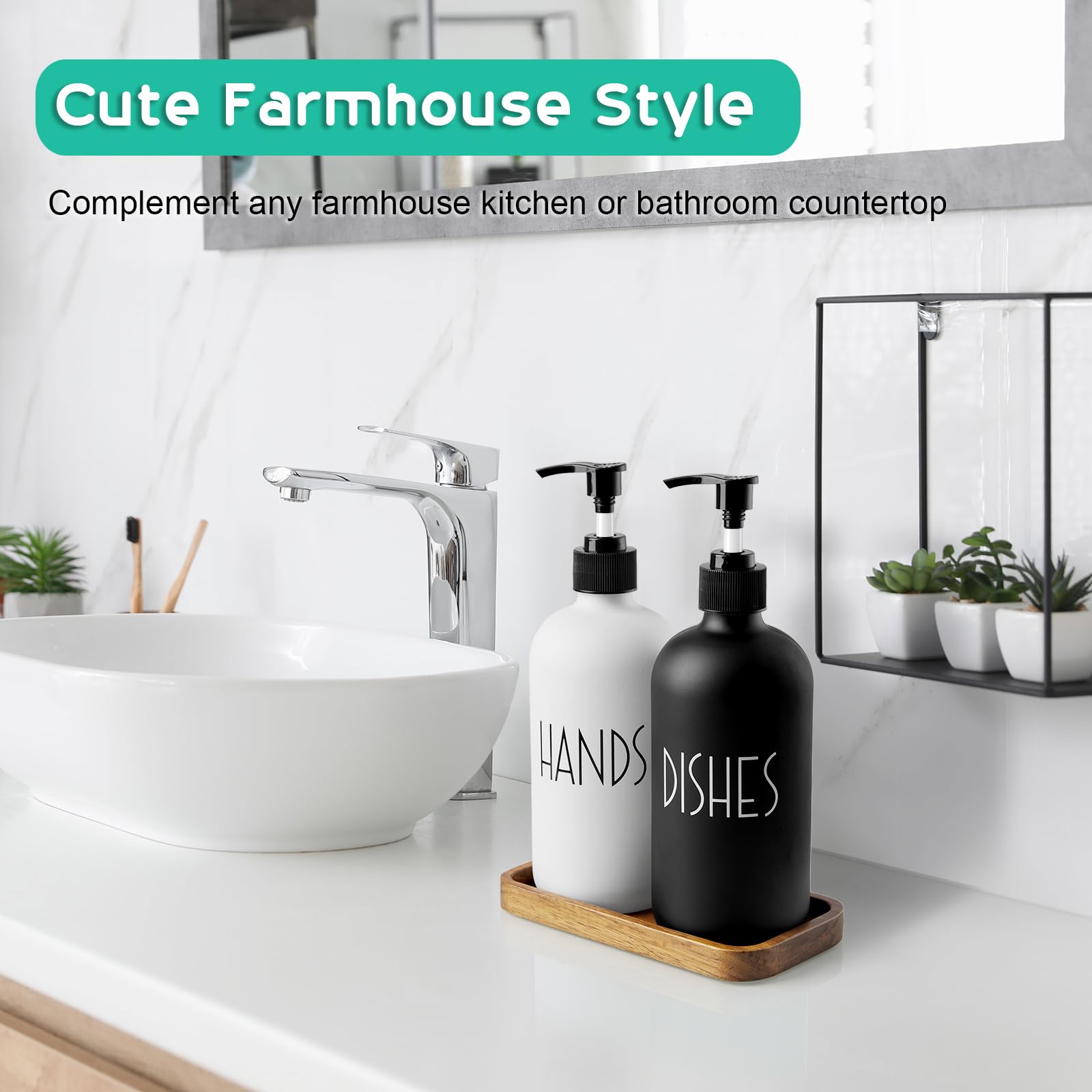 ALELION 16oz Glass Soap Dispenser with Acacia Wood Tray - Modern Farmhouse Kitchen & Bathroom Hand Soap Pump - Black & White Home Decor for Sink Countertop - Perfect for Kitchen, Bath, Laundry Room & Guest Washroom