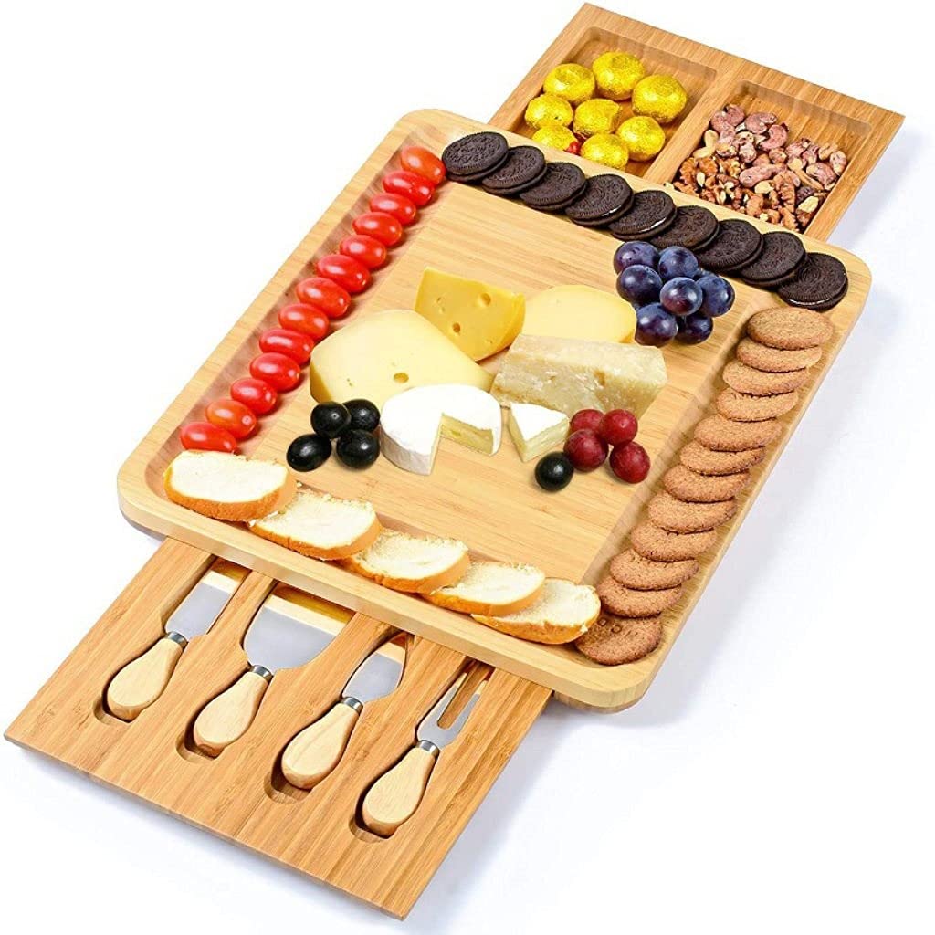 Premium Bamboo Charcuterie Board Set with 4 Stainless Steel Knives - Natural Cheese Serving Platter, Cutting Board & Cheese Tools for Entertaining, Parties & Gifts