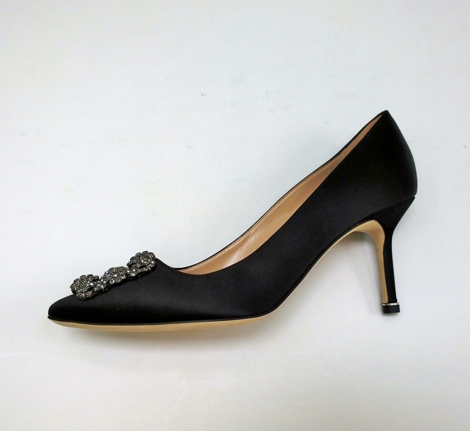 Manolo Blahnik Hangisi 70mm Black Satin Pumps with Rhinestone Buckle - Elegant Evening Heels for Weddings, Parties & Special Occasions