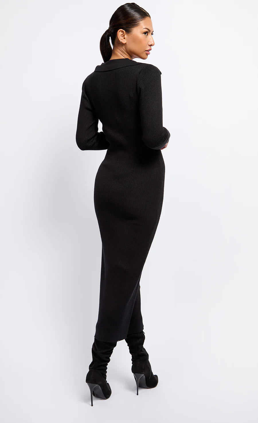 Layla Knit Midaxi Dress for Women - Elegant Black Stretch Midi Dress for Casual Wear, Office, and Evening Outfits