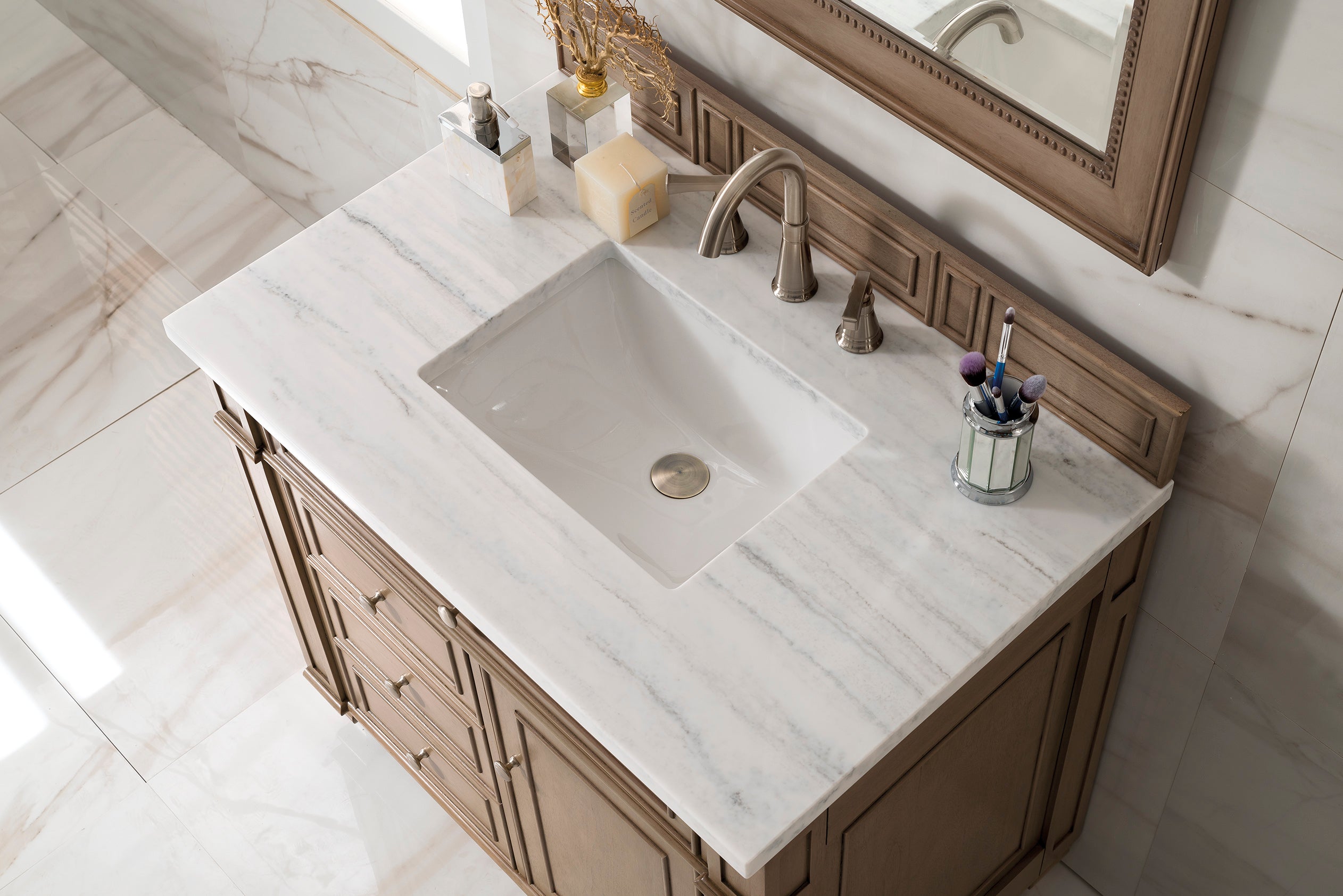 Bristol 36 Inch Single Bathroom Vanity in Whitewashed Walnut with 3CM Arctic Fall Solid Surface Top - Perfect for Modern Farmhouse & Coastal Style Bathrooms