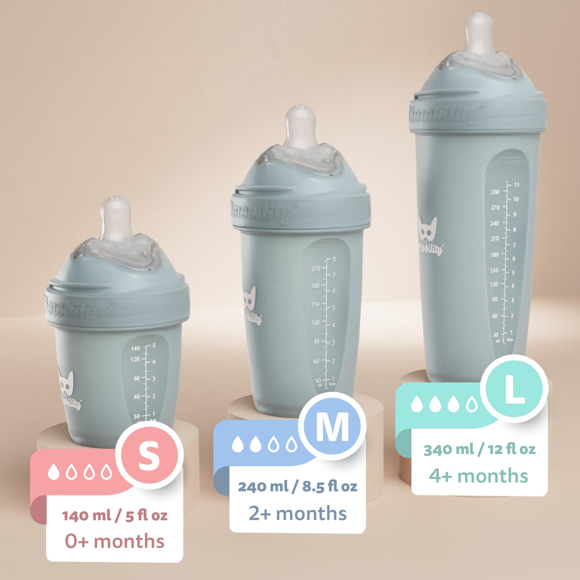 Herobility Double Anti-Colic Baby Bottles 8.5oz (240ml) - 4 Pack with Slow Flow Nipples - BPA-Free Newborn Feeding Bottles in Sand, Woodchuck, Pink & White Colors - Perfect for Breastfeeding, Formula Feeding & On-the-Go Use