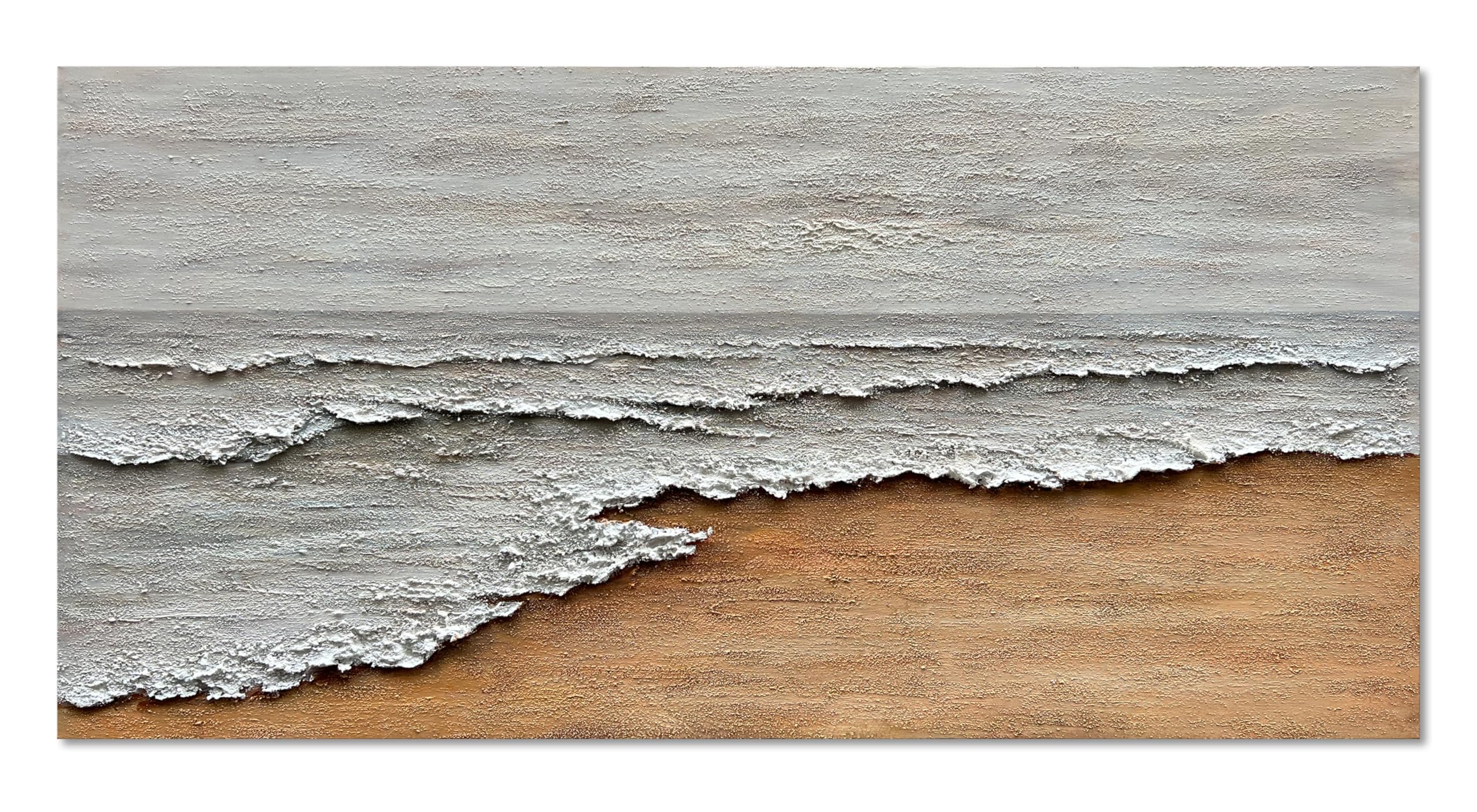 Hand-Painted Yellow and White Ocean Beach Abstract Oil Painting - Modern Canvas Wall Art for Living Room Decor - 24x48 Inches - Perfect for Coastal, Beach House or Contemporary Home Decor