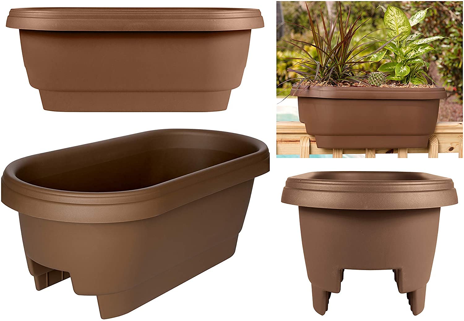 Bloem 24-Inch Deck Balcony Rail Planter Box - Chocolate Brown (Set of 4) - Perfect for Outdoor Gardens, Patios & Apartment Balconies