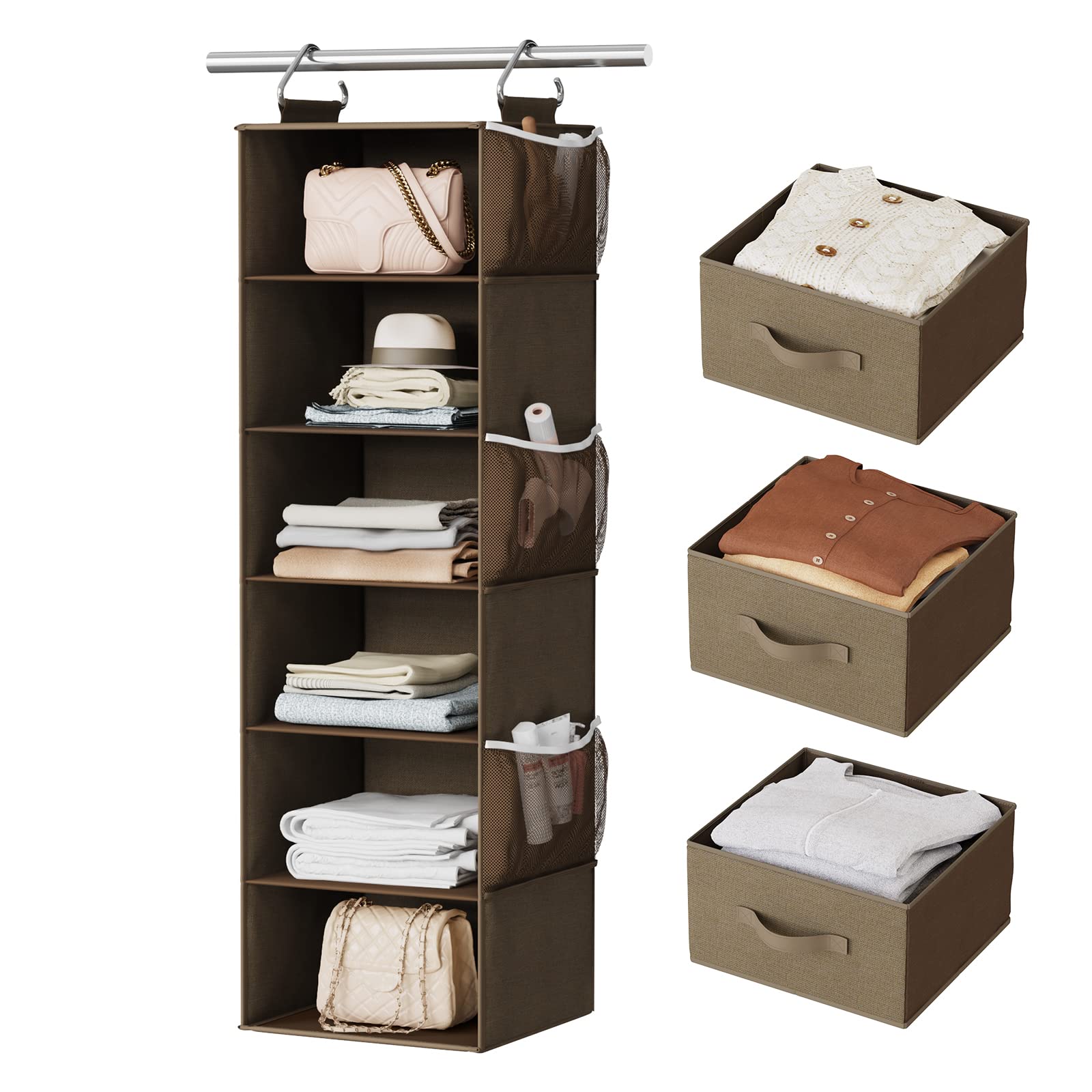 Pipishell 6-Tier Hanging Closet Organizer with 3 Removable Drawers & Side Pockets - Space Saving Storage Shelf for Bedroom, Closet or Garment Rack (12