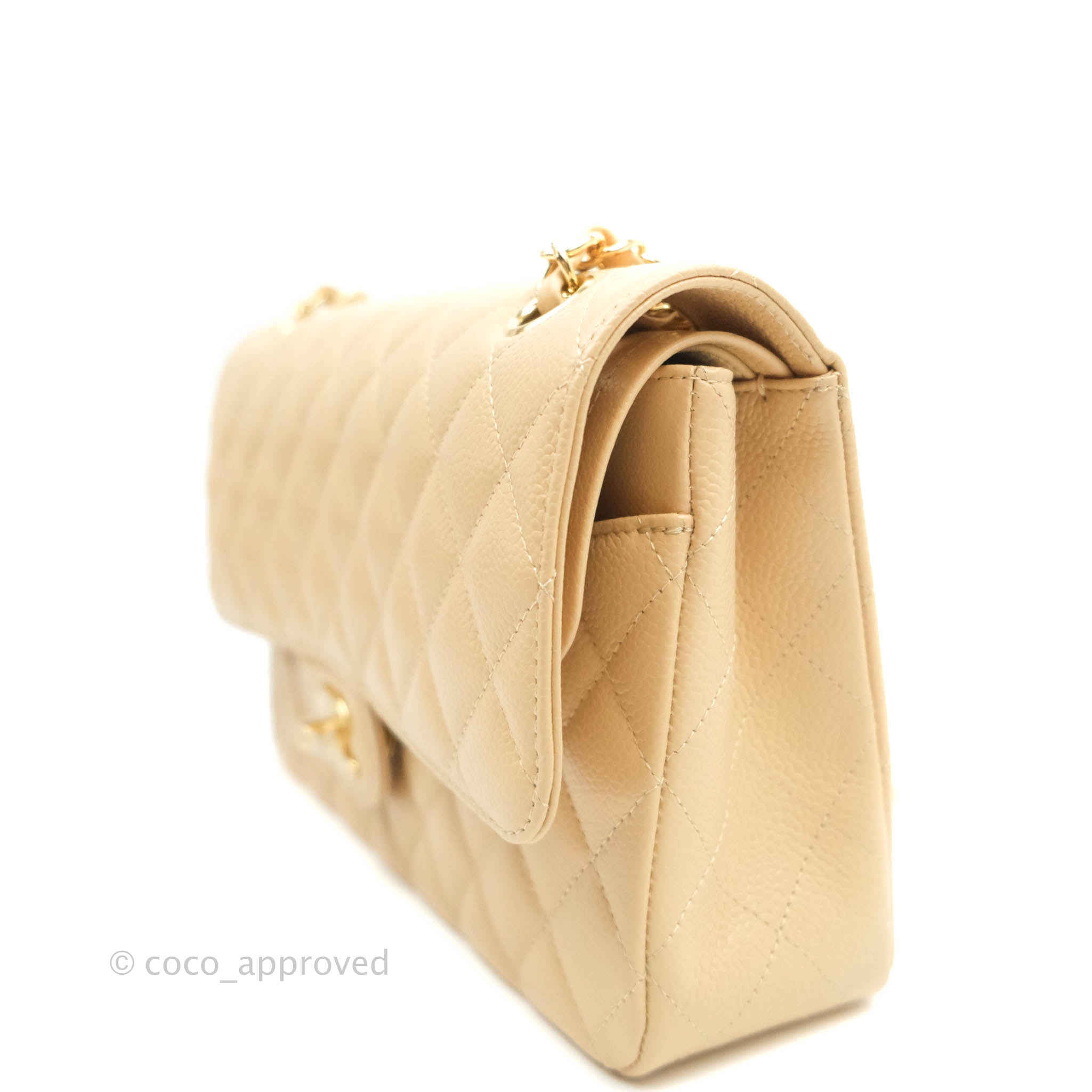 Chanel Classic Medium Double Flap Bag in Beige Caviar Leather with Gold Hardware - Luxury Designer Handbag for Women, Perfect for Work, Evening Events & Special Occasions