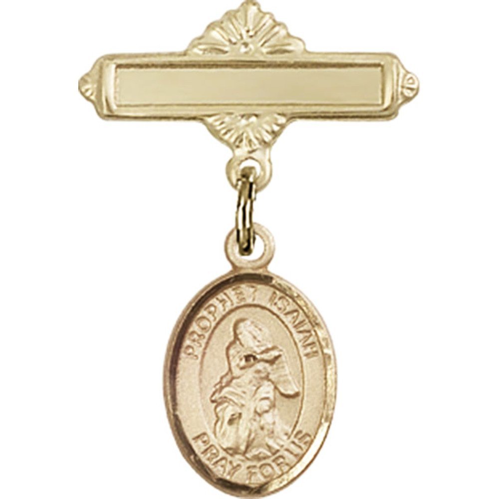 Gold Filled Baby Badge with St. Isaiah Charm - 1 X 5/8 Inch Polished Pin for Christening, Baptism & Newborn Gifts - Perfect for Baby Showers, Religious Ceremonies & Keepsakes