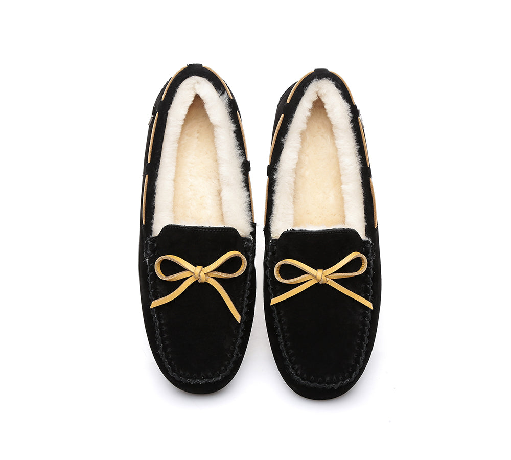 EVERAU® Women's Sheepskin Wool Bow Slippers - Cozy UGG Moccasins for Indoor & Outdoor Comfort - Perfect for Home, Office, and Winter Relaxation