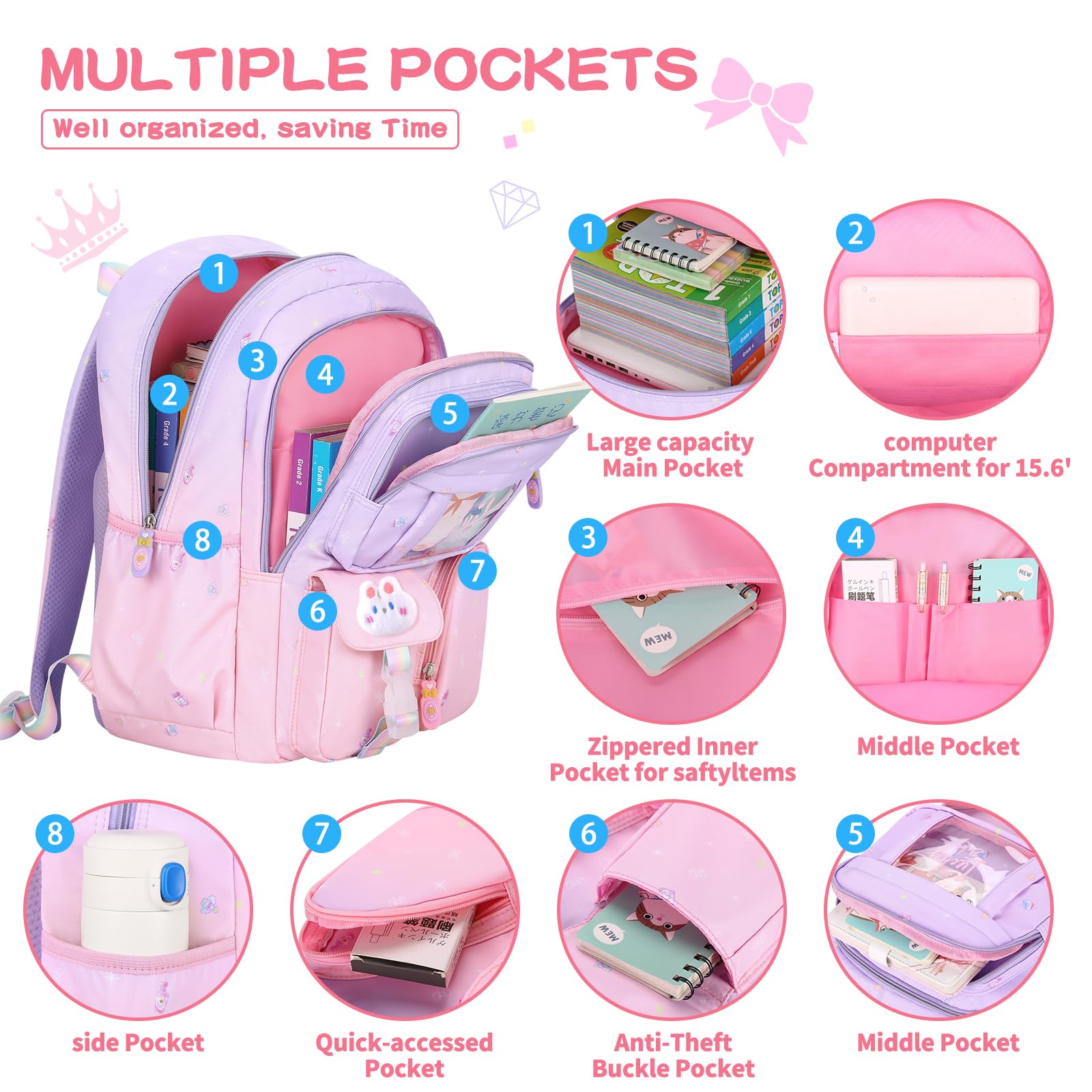 Stylish Gradient Color Girls Backpack - Waterproof School Bag for Elementary, Middle & High School Students with Multiple Pockets (16.1 Inch) - Perfect for School, Travel & Daily Use