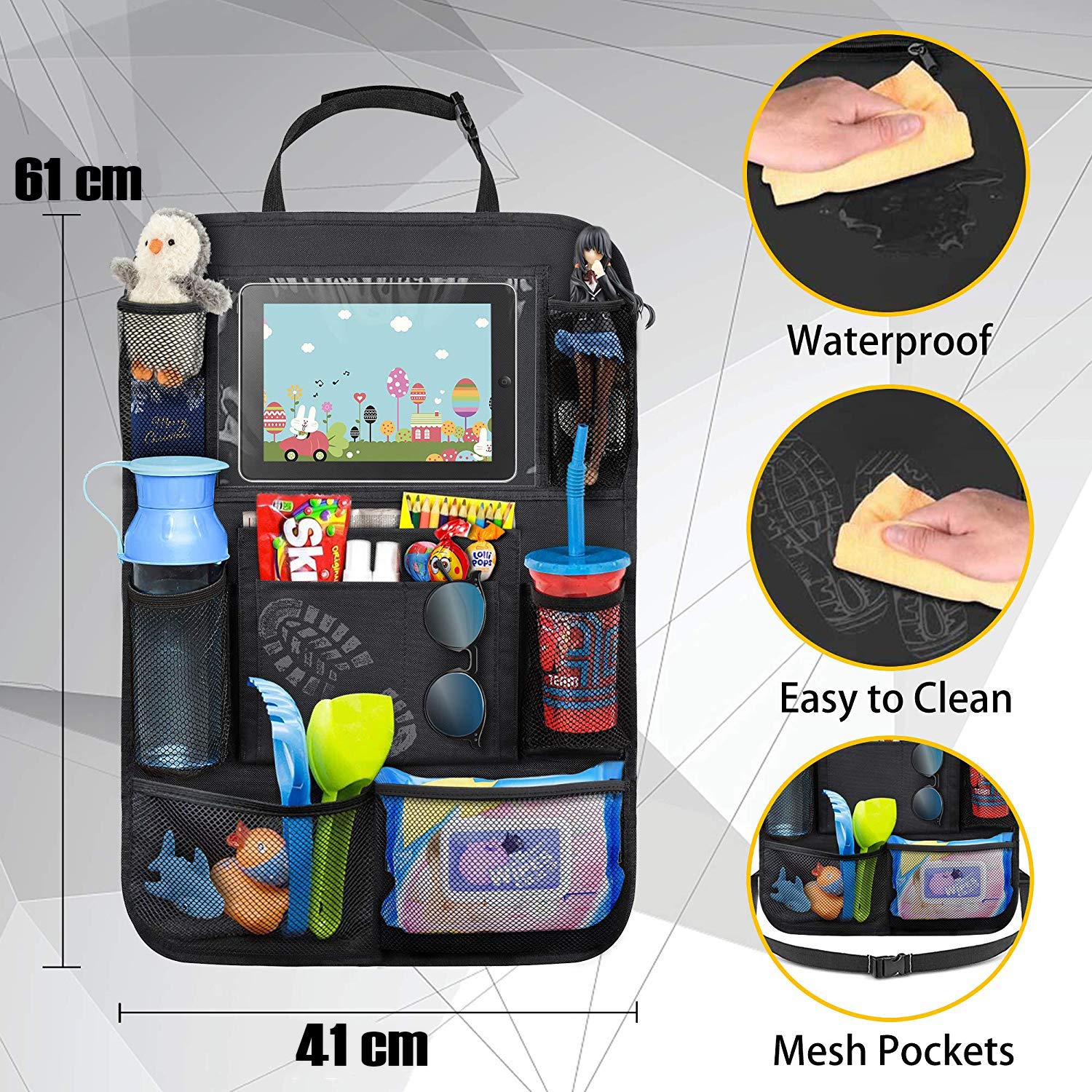 UBANTE Car Backseat Organizer with Touch Screen Tablet Holder - 9 Storage Pockets & Kick Mats - Car Seat Back Protector for Kids & Toddlers - Travel Accessories for Road Trips & Family Vacations (2 Pack)