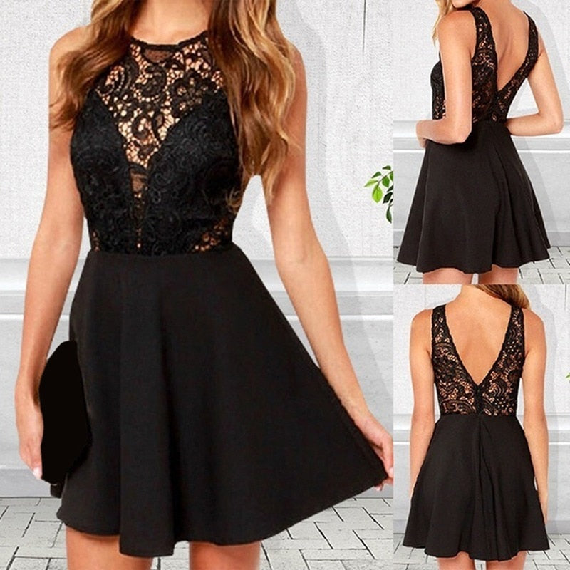 Sexy Lace Hollow Out Mesh Dress for Women - Elegant Patchwork Party & Evening Cocktail Dress for Date Night & Special Occasions
