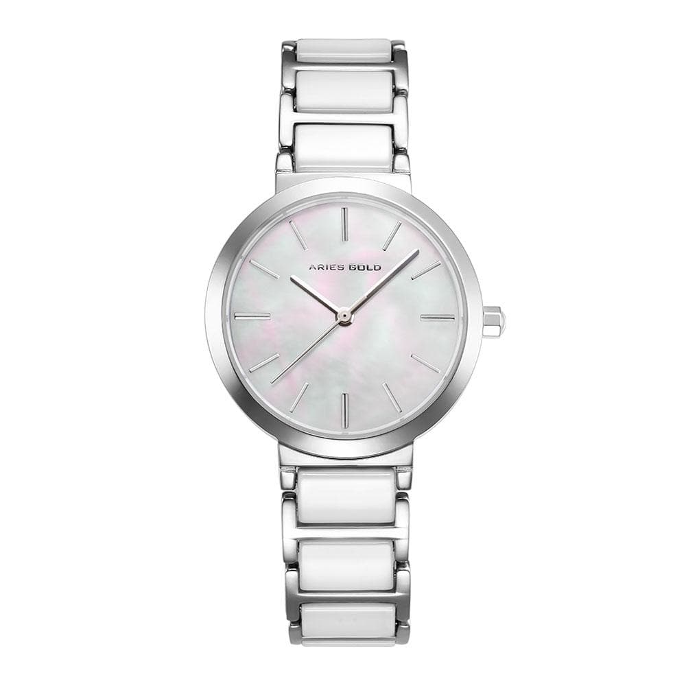 ARIES GOLD ENCHANT Silver Stainless Steel Women's Watch with White Ceramic Band - Elegant Dress Watch for Business, Party & Special Occasions