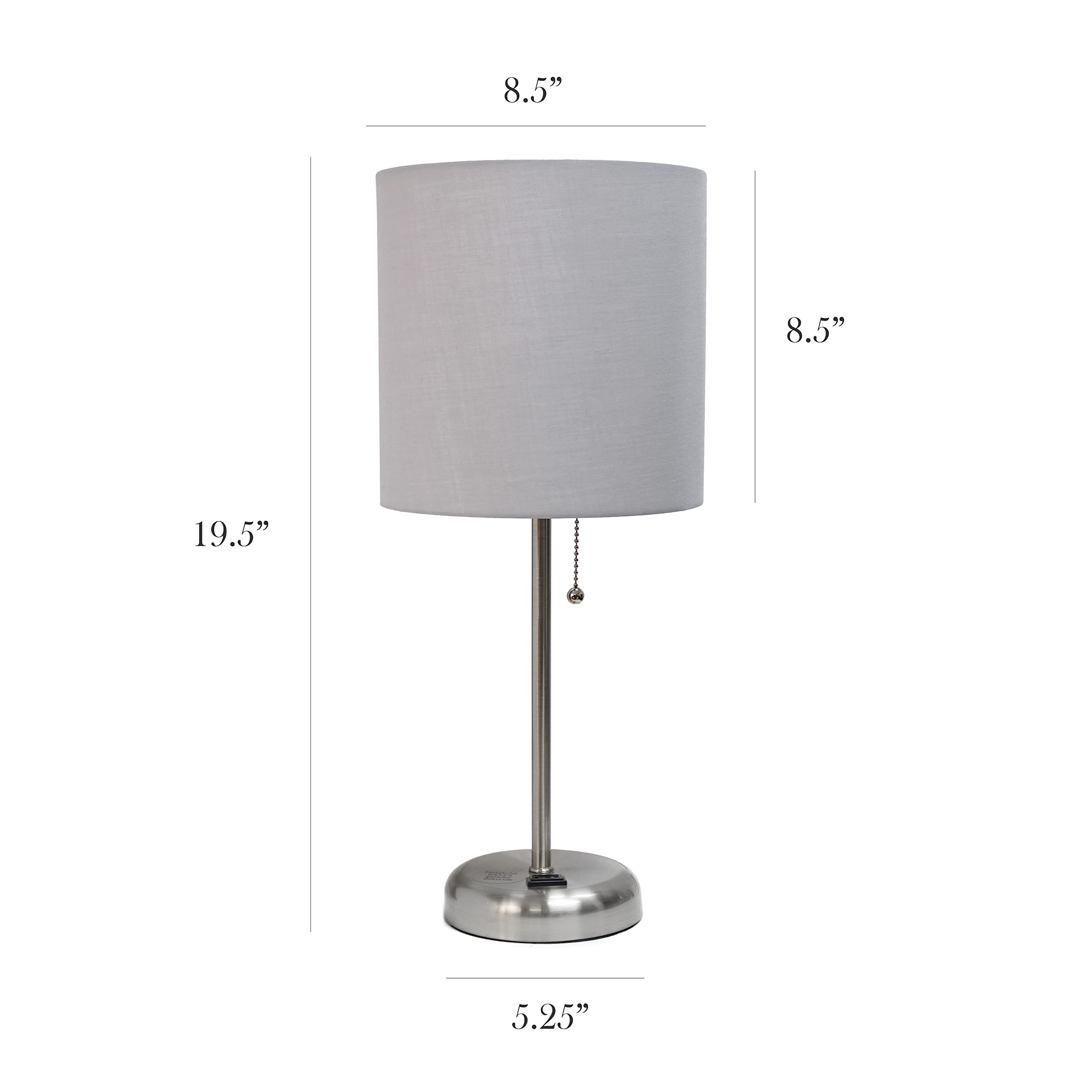 Simple Designs LT2024-GRY Brushed Steel Stick Table Desk Lamp with USB Charging Outlet & Drum Fabric Shade, Gray - Perfect for Home Office, Study, Bedroom Nightstand & Reading Nook Lighting