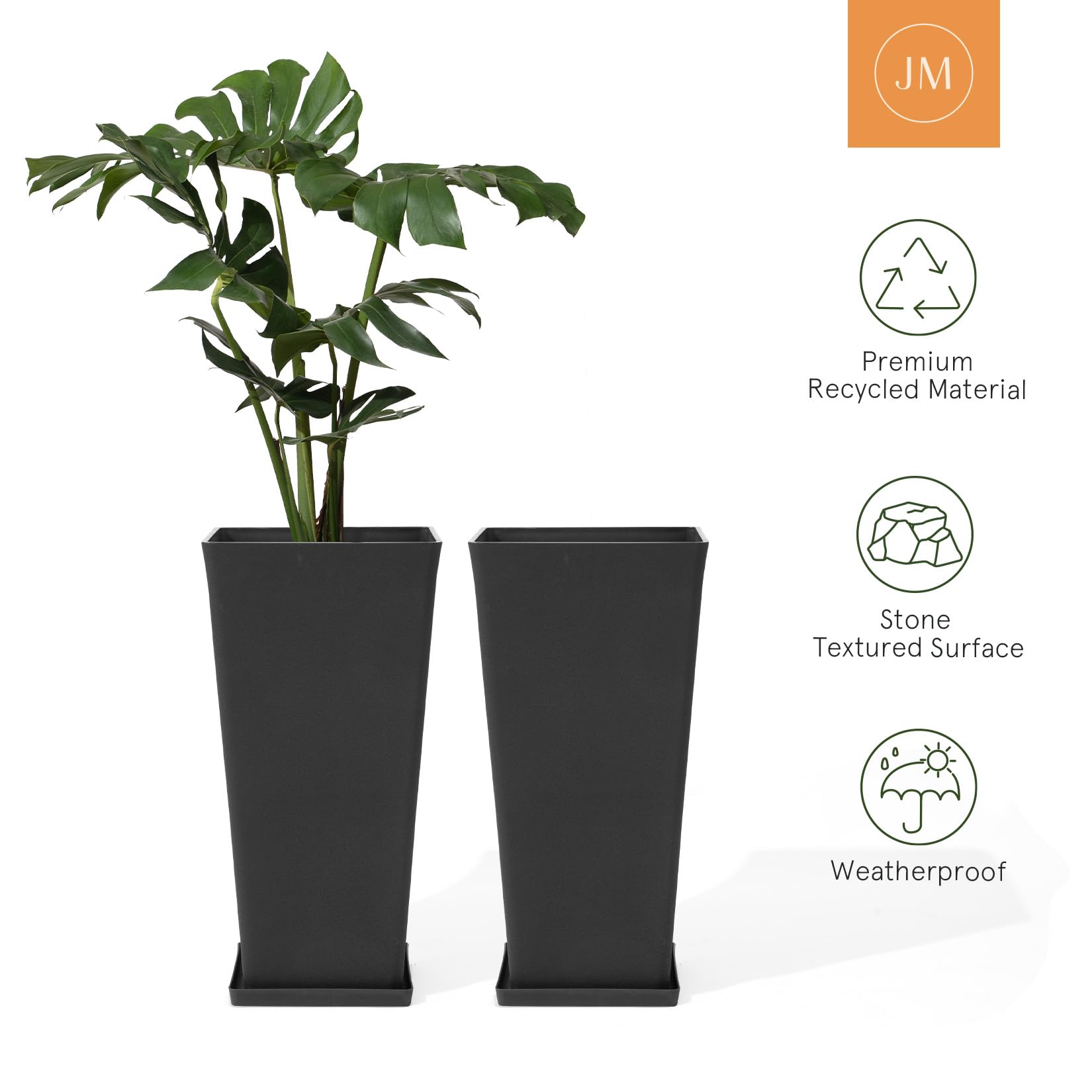 LA JOLIE MUSE 30 Inch Tall Black Planters - Set of 2 Indoor/Outdoor Rectangular Large Flower Pots with V-Shaped Taper Design - Perfect for Front Door Decor, Patio, Garden, and Home Entrance Greenery Display