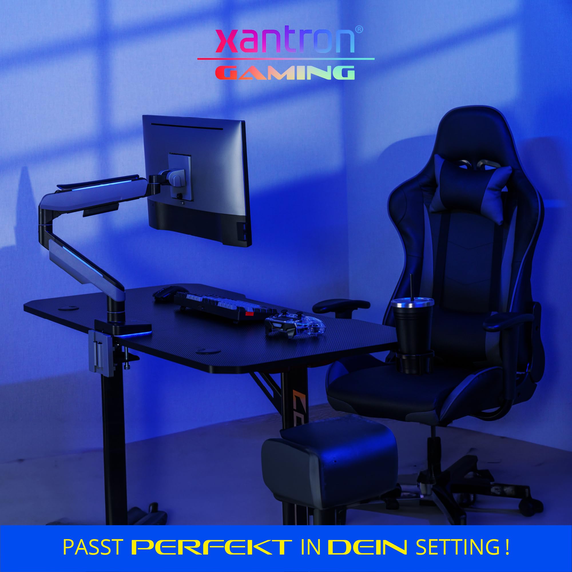Xantron® RGB Gaming Monitor Arm - Heavy Duty 17-49 Inch Adjustable Stand for Curved & Flat Screens (Max 20kg) - Ergonomic Gas Spring Mount for PC, Workstation & Gaming Setup - Perfect for Home Office, Streaming & Esports