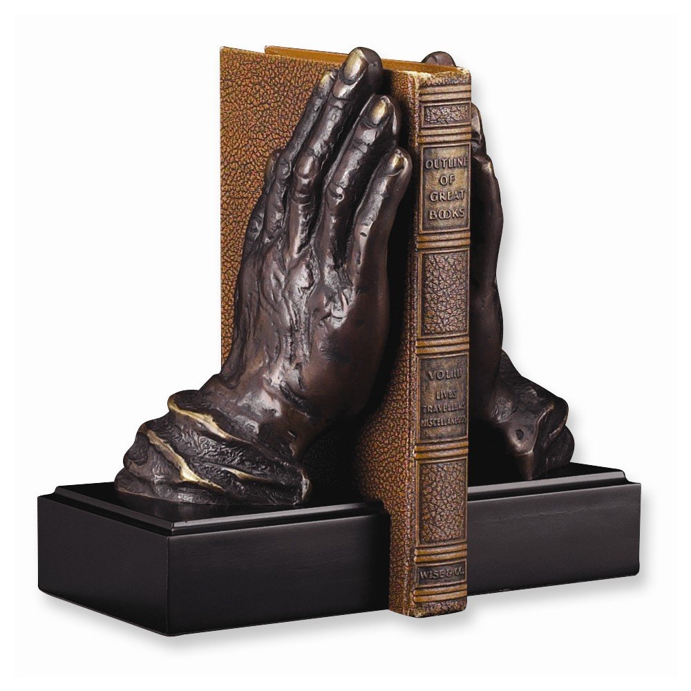 Antiqued Brass & Wood Praying Hands Bookends - Religious Home Decor for Bible Study, Office Desk & Bookshelf Organization