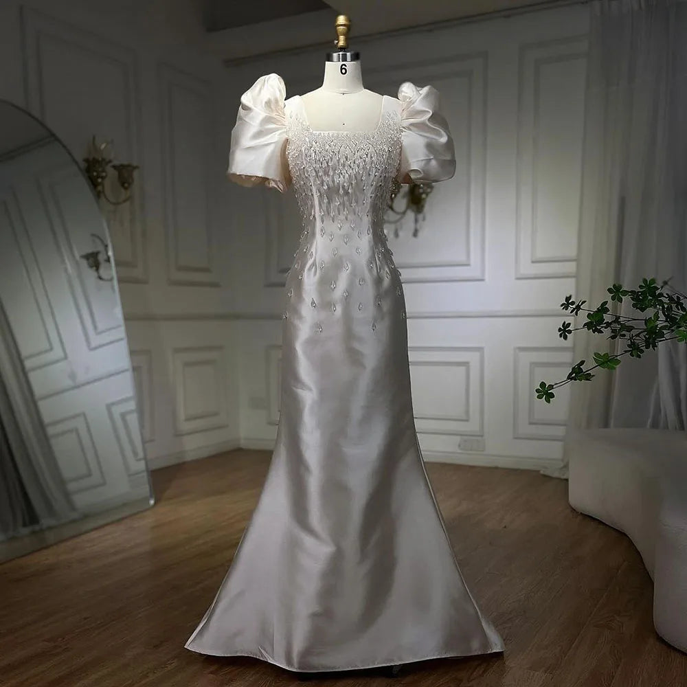 Elegant Ivory Satin Mermaid Evening Dress with Puff Sleeves & Crystal Beading - Women's Formal Gown for Weddings, Parties & Special Occasions | Perfect for Bridal Showers, Prom & Black Tie Events