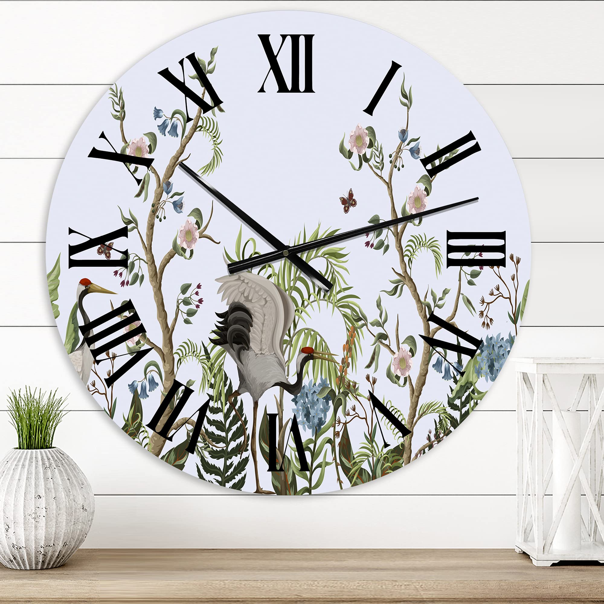 Chinoiserie Style Large Wall Clock with Crane & Peony Design - Traditional Home Decor for Living Room, Bedroom & Office | Silent Non-Ticking Decorative Clock
