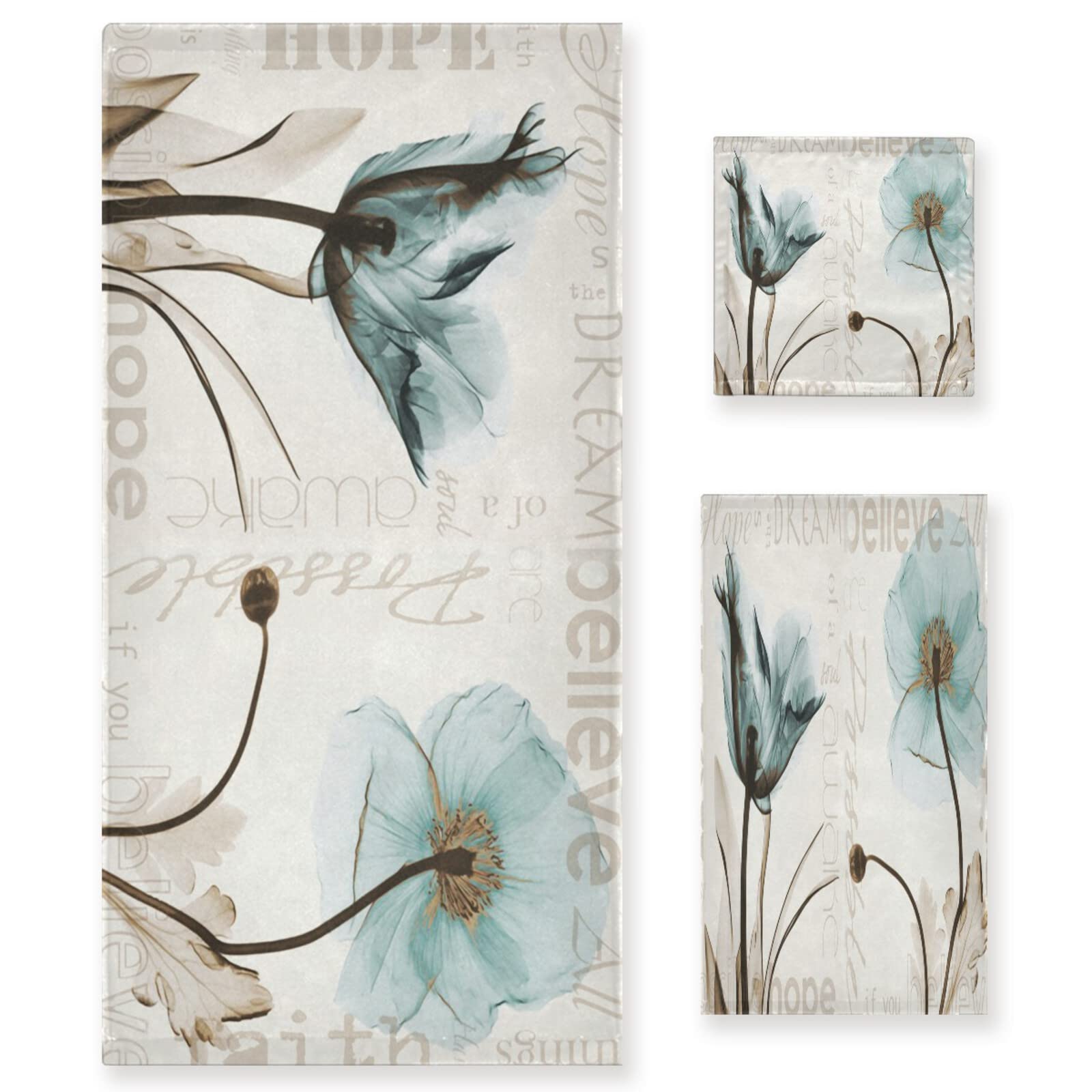 Premium Soft & Highly Absorbent Bath Towel Set - 3 Piece Luxury Cotton Towels (1 Bath, 1 Hand, 1 Washcloth) for Spa, Hotel & Home Bathroom - Teal Tulip Design - Quick Dry & Decorative Towels for Daily Use & Guest Bathrooms