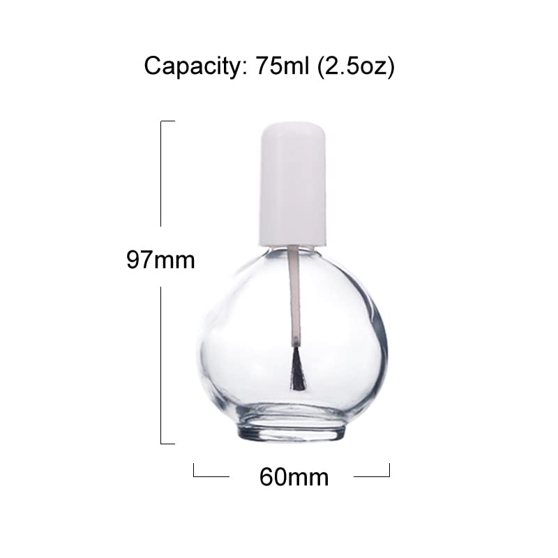 1 Piece Large Capacity 75ml (2.5oz) Empty Nail Polish Bottles with Brush - Spherical Clear Glass Refillable Containers for DIY Nail Art - Perfect for Salon, Home Manicure & Nail Polish Storage (White Lid)