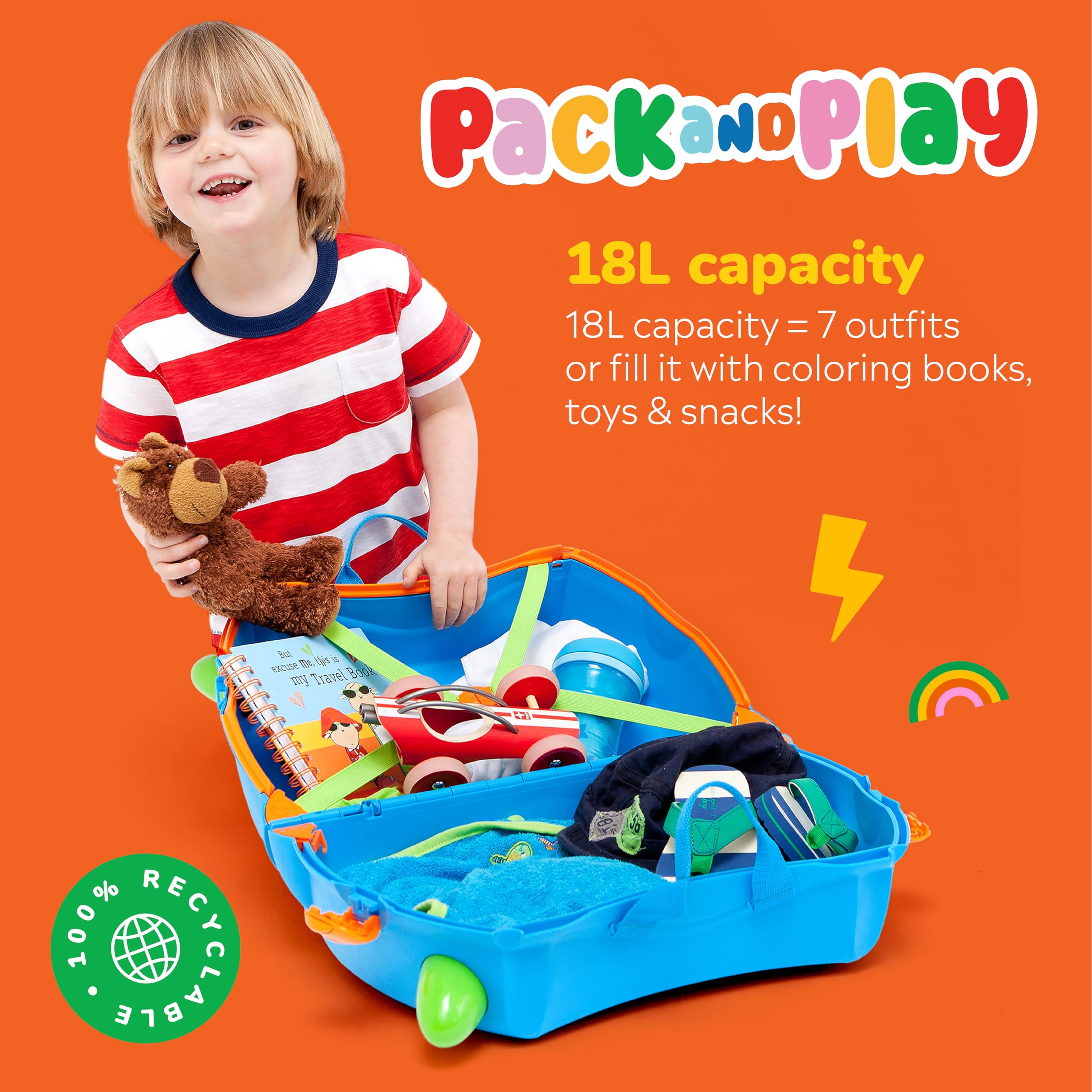 Trunki Ride-On Kids Suitcase - Toddler Luggage with Wheels, Carry-On Travel Bag for Boys & Girls - Airplane Essentials for Kids - Perfect for Family Trips, Airport Adventures & Playtime (Terrance Boy Blue)