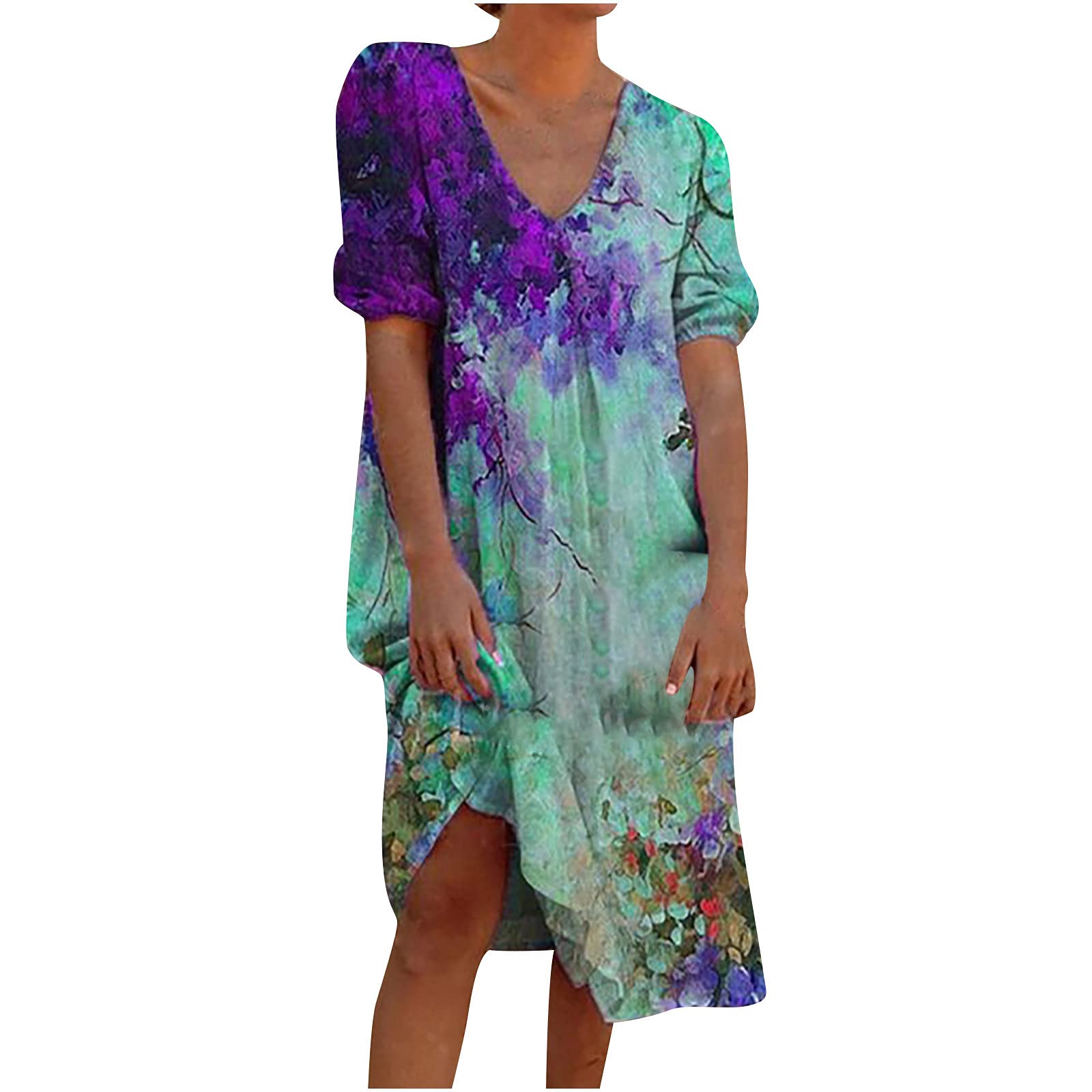 Women's Fashion Short Sleeve V-Neck Printed Casual Dress - Loose Fit Mid-Calf Length Summer Dress for Daily Wear, Office, Dating & Vacation