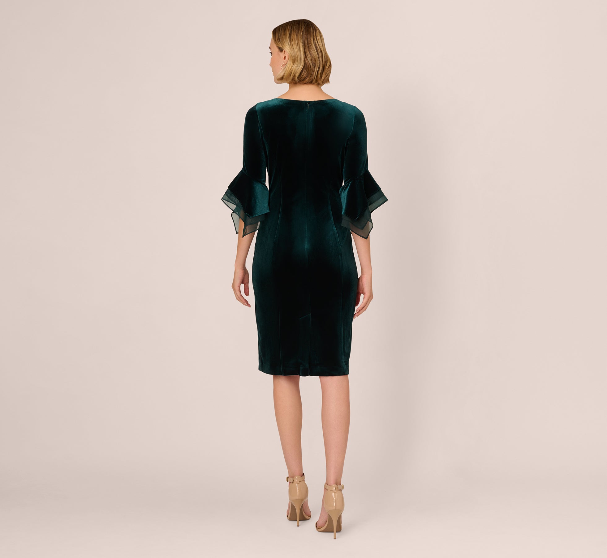 Velvet Sheath Dress with Tiered Three-Quarter Sleeves in Hunter Green - Elegant Formal Wear for Weddings, Parties & Holiday Events