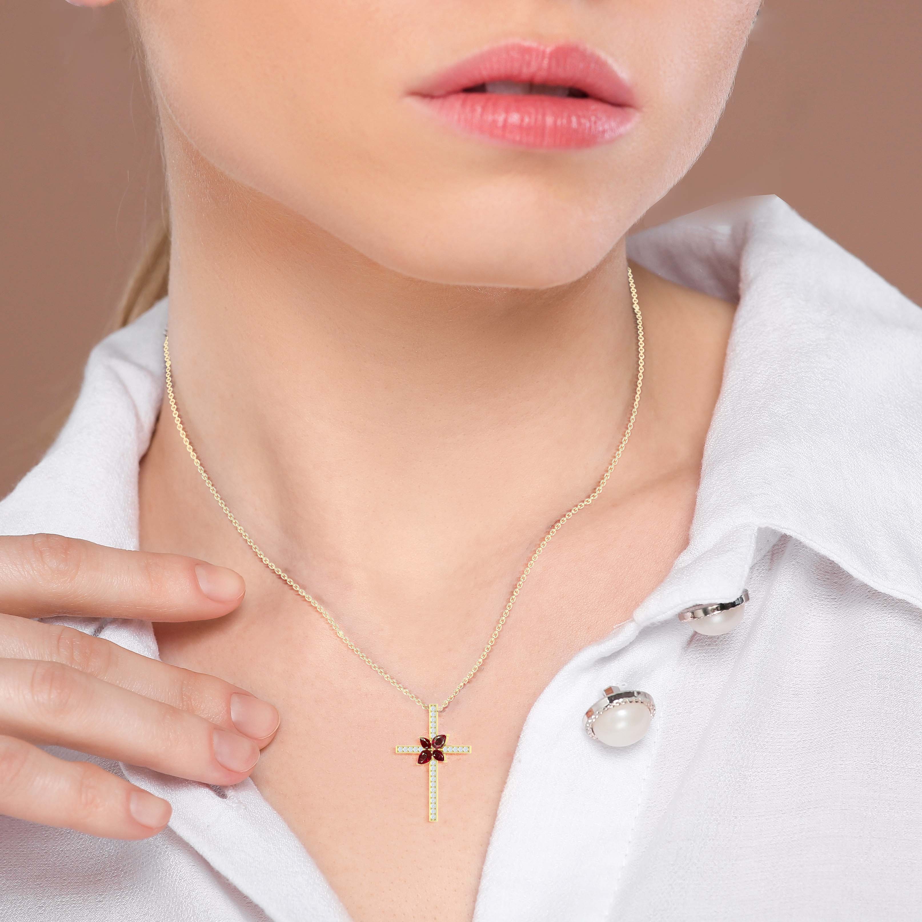 Exquisite Cross Pendant Necklace with Genuine Natural Ruby Gemstone - Perfect for Gifts, Weddings & Everyday Elegance