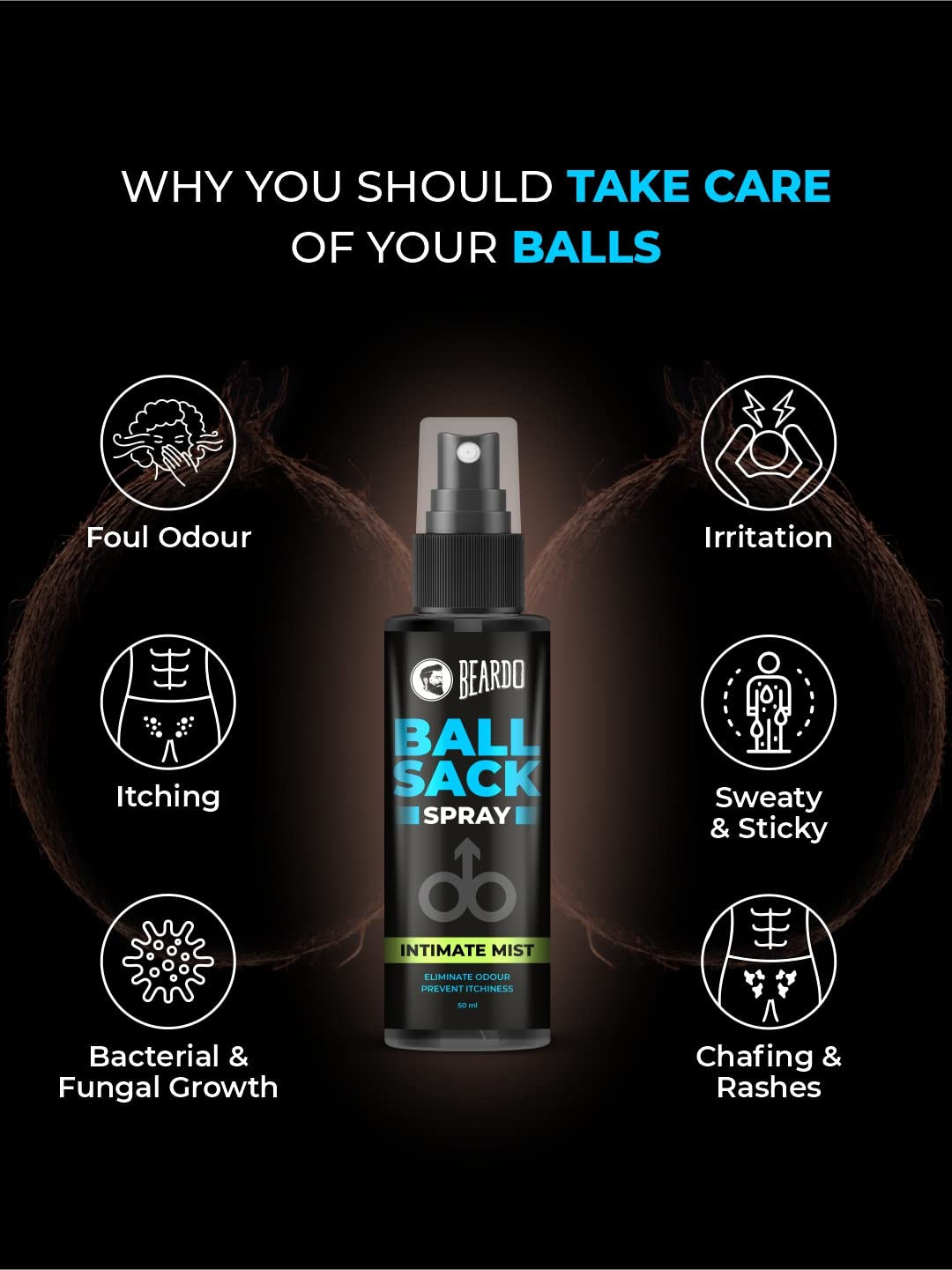 Beardo Ball Sack Spray for Men - 50ml Intimate Hygiene Spray | Fresh, Clean & Dry Balls | Prevents Odor & Itching | Men's Grooming Essential | Perfect for Gym, Travel & Daily Use