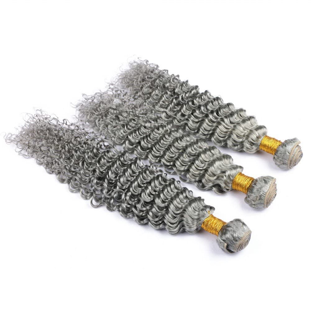 Premium 3-Piece Silver Gray Deep Wave Human Hair Extensions | Virgin Brazilian Hair Wefts (14