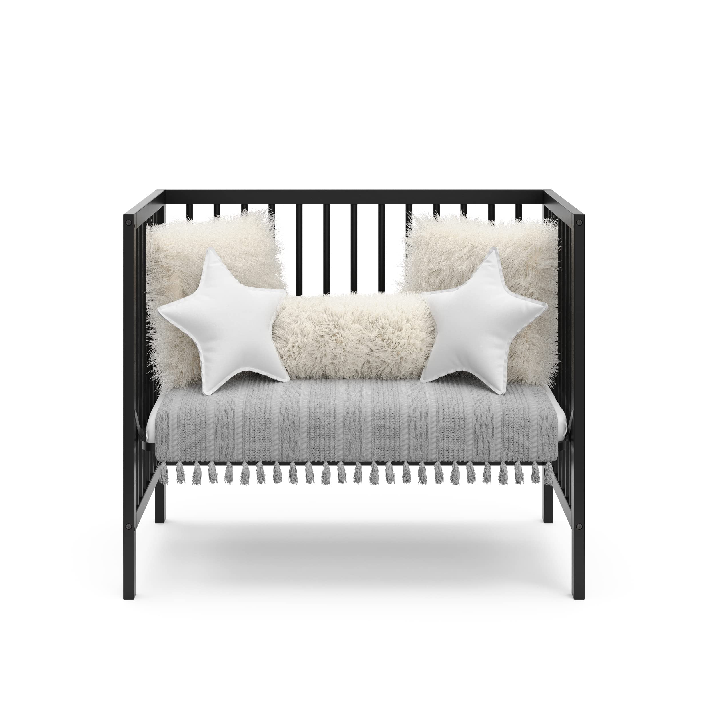 Graco Teddi 4-in-1 Convertible Mini Crib with Waterproof Mattress - GREENGUARD Gold Certified, Compact Nursery Bed for Small Spaces, Easy 30-Min Assembly (Black) | Perfect for Apartments, Daycares & Travel | Includes 2.75-Inch Mattress
