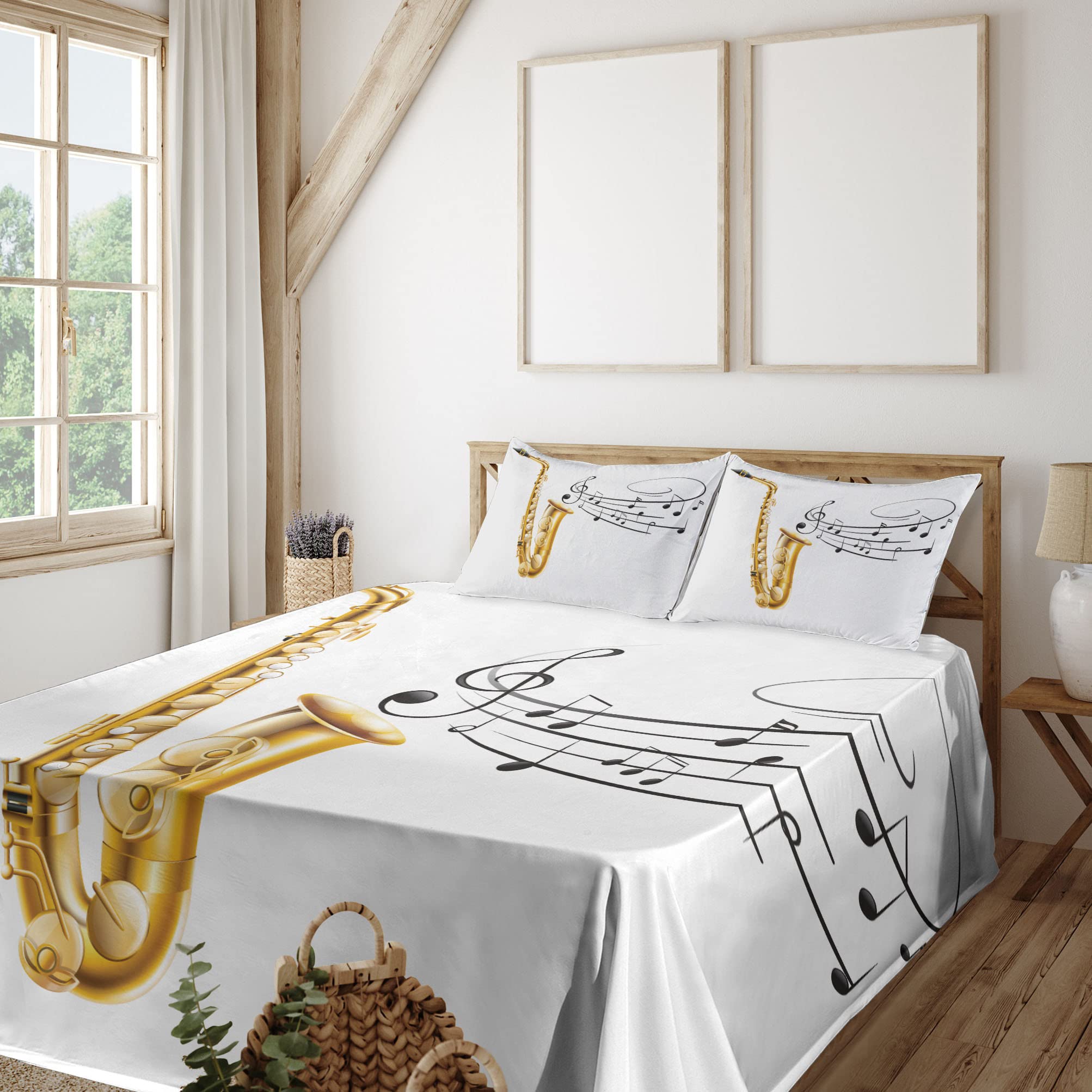 Ambesonne 4-Piece Music Sheet Bedding Set - Vintage Saxophone Art Print with Solo Vibes, Fitted & Flat Sheets + Pillowcases, Yellow Black White - Perfect for Musicians' Bedrooms & Jazz-Themed Decor