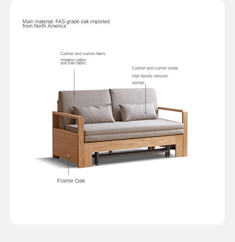 Solid Oak Wood Sofa Bed - Modern Multifunctional Convertible Sleeper for Small Spaces | Living Room, Guest Room & Studio Apartment Furniture