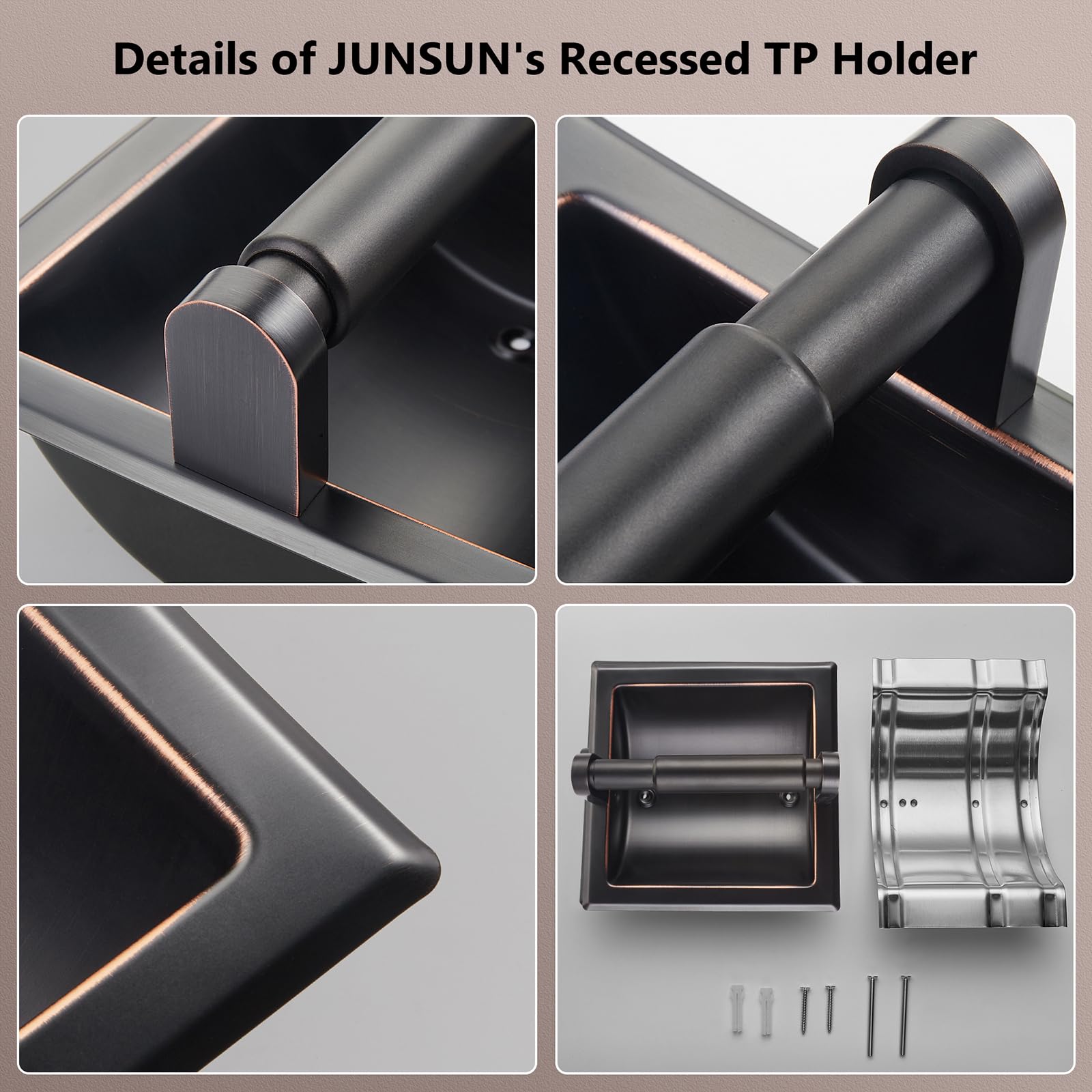 JunSun Oil Rubbed Bronze Recessed Toilet Paper Holder - Stainless Steel ORB Tissue Roll Holder for Jumbo Mega Rolls (6
