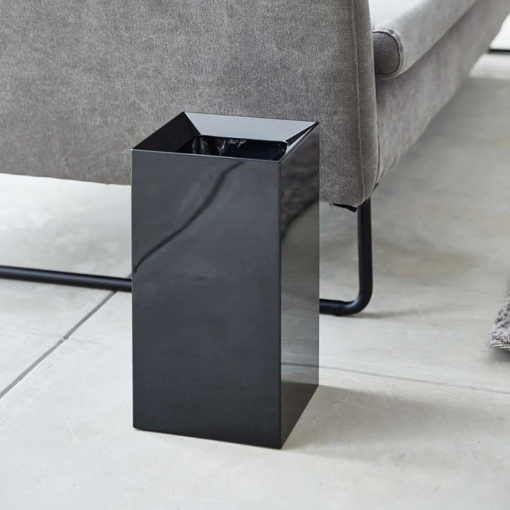 YAMAZAKI Tower Square Trash Can - 13 Inch Stainless Steel Small Waste Bin for Kitchen, Bathroom, Office - Modern Black Garbage Can with Lid (33cm Height) - Perfect for Small Spaces & Home Organization