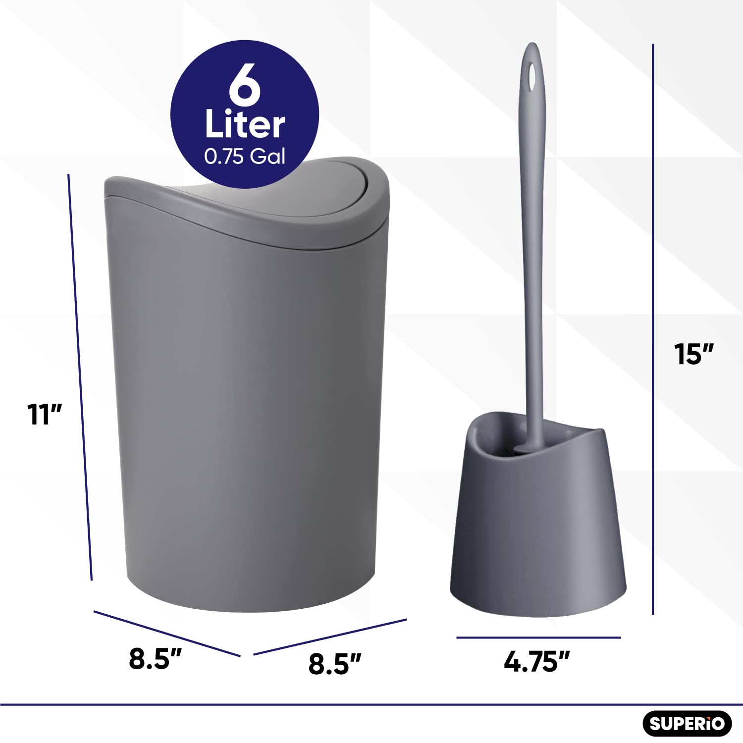 Premium 6L Grey Modern Bathroom Trash Can with Swing Lid & Toilet Brush Set - Plastic Waste Basket with Toilet Bowl Cleaner - Perfect for Small Bathrooms, Powder Rooms & Vanity Areas