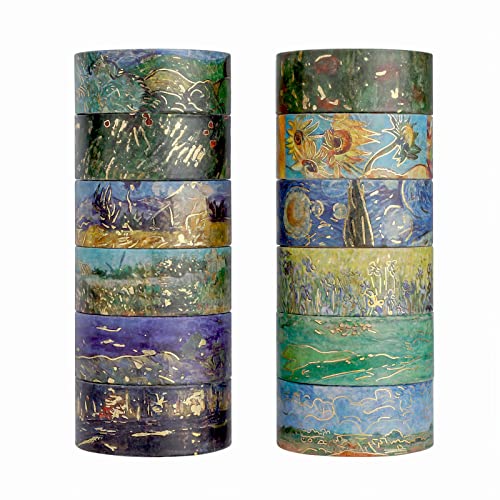 Lychii Washi Tape Set - 12 Rolls Gold Foil Van Gogh Oil Painting Design Decorative Masking Tapes for Planners, Calendar, Scrapbook, Journaling - 15mm Wide - Perfect for DIY Crafts, Gift Wrapping & Home Decor