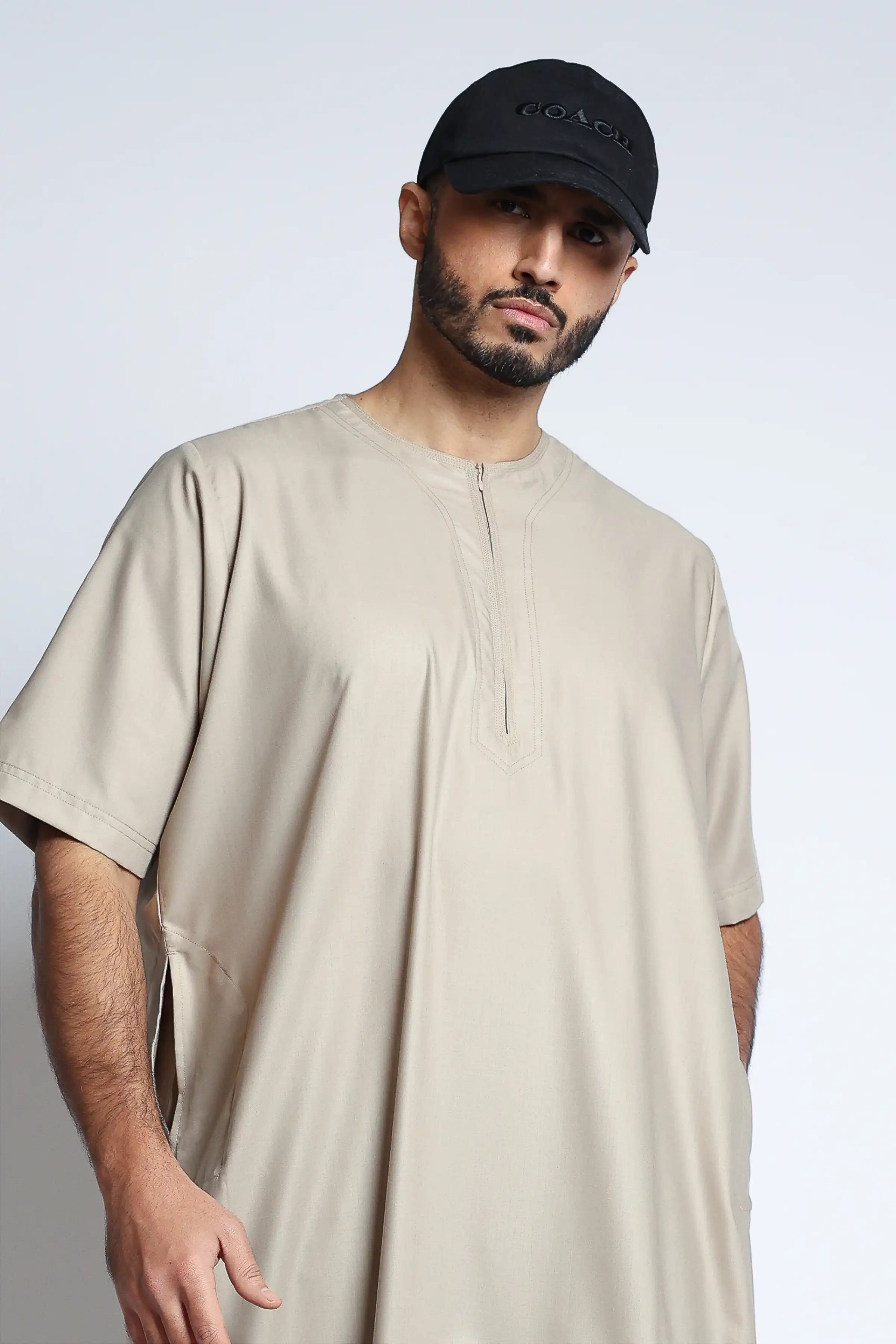 J152 Dust Storm Half Sleeve Thobe for Men - Lightweight Islamic Robe with Breathable Fabric - Perfect for Prayer, Eid, and Casual Wear