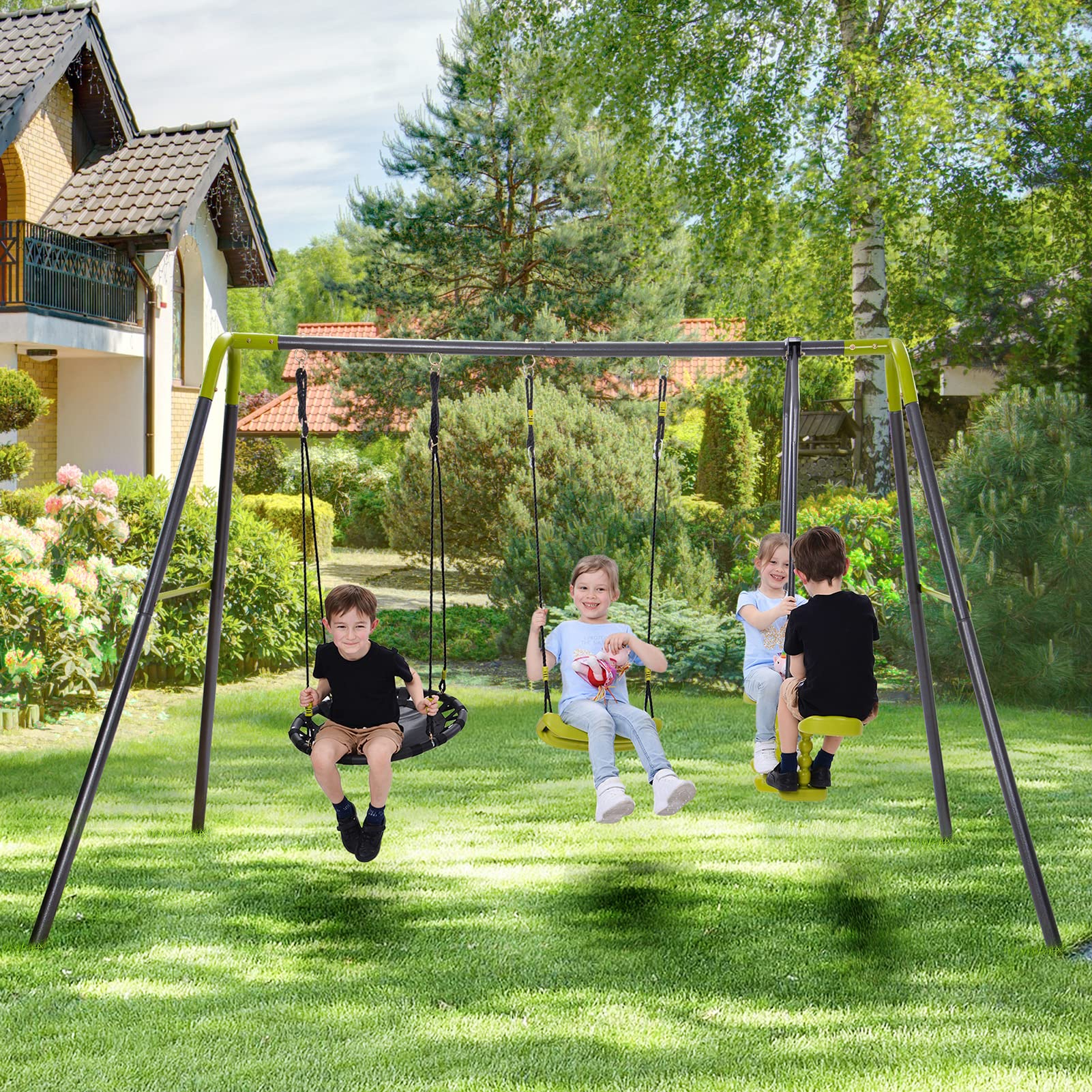3 in 1 Kids Swing Set with Swings, Double Face-to-Face Swing Chair & Glider - Heavy Duty Metal Outdoor Swing Set for Backyard, Garden, Park - Perfect for Family Fun & Outdoor Play (Grey)