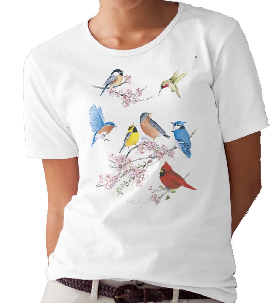 Valerie Pfeiffer Songbirds and Cherry Blossoms Graphic T-Shirt - Casual Women's Tee for Spring Outfits & Nature Lovers