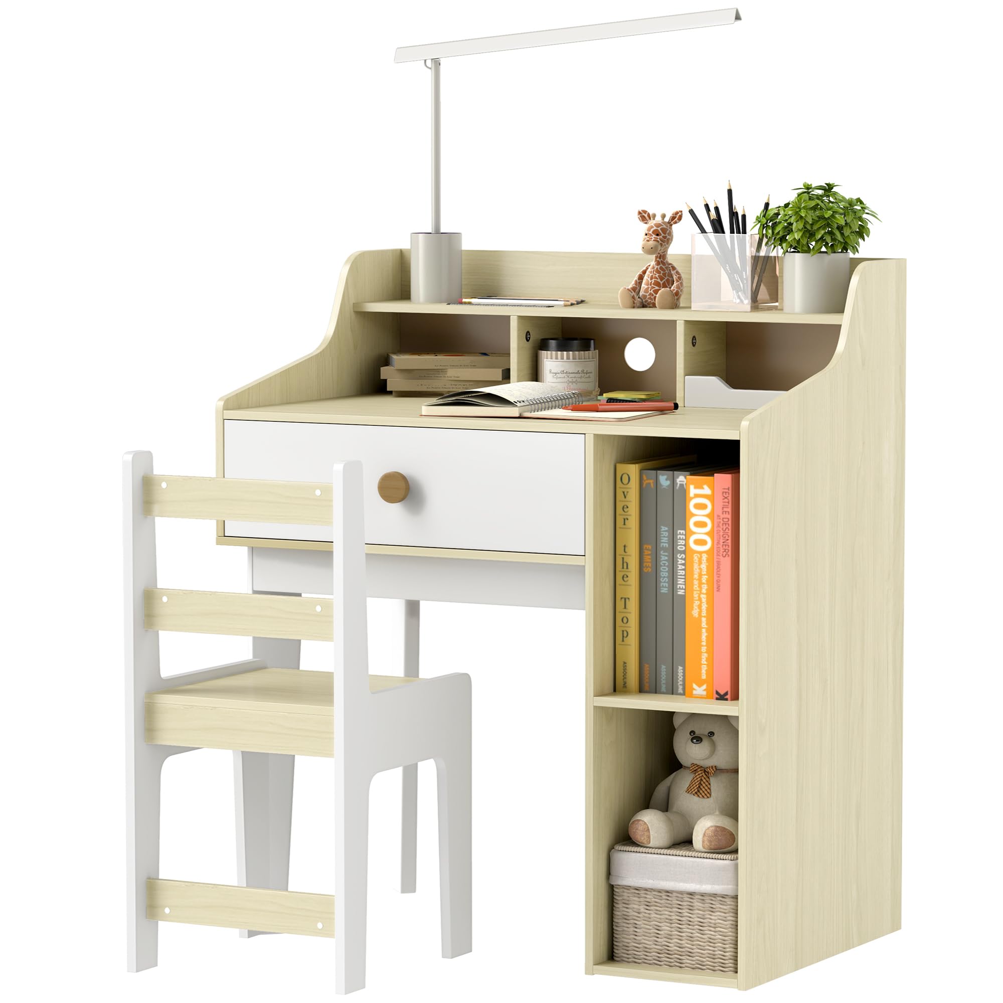 Qaba Kids Study Desk and Chair Set with Storage Shelves & Drawer - Adjustable Height Children's Desk for Ages 3-10 - White - Perfect for Homeschooling, Online Learning & Bedroom Study Space