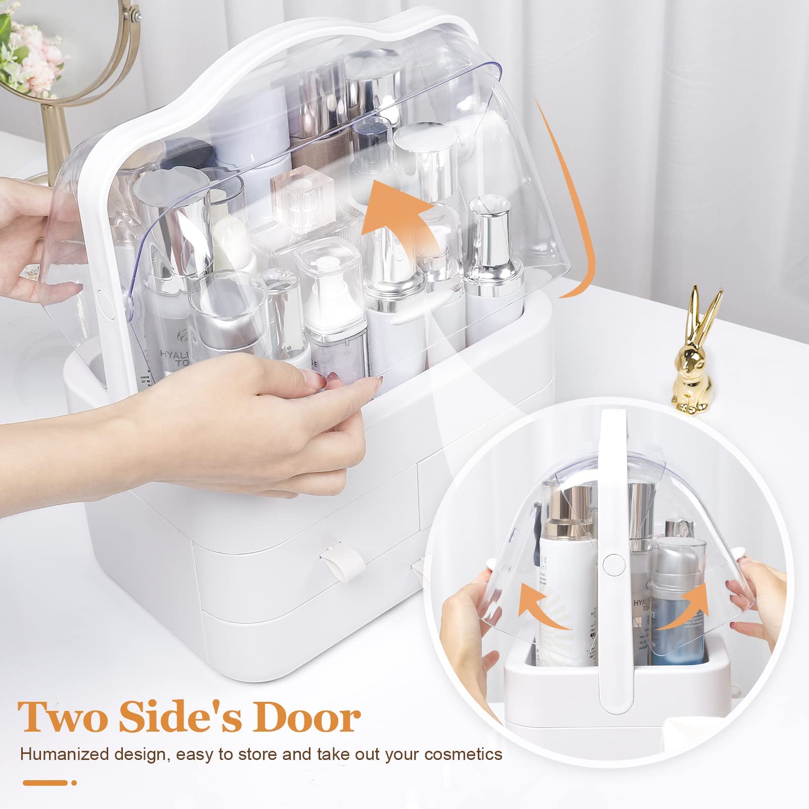 180° Rotating Makeup Organizer with Transparent Lid & Drawers - Large Capacity Cosmetic & Perfume Storage for Vanity, Bathroom, Bedroom - White | Perfect for Makeup Artists & Beauty Enthusiasts
