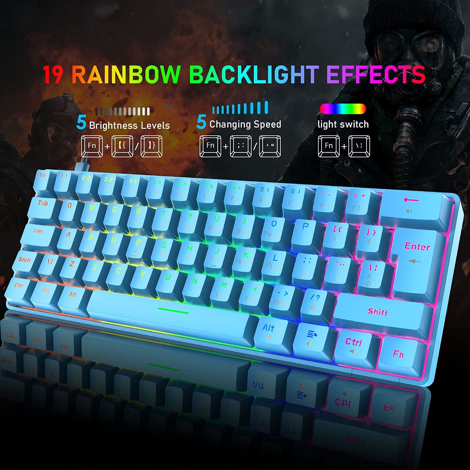 60% Wired Mechanical Gaming Keyboard with Rainbow LED Backlit - Compact TKL Design, Linear Red Switches, RGB Mouse 6400 DPI - Programmable for PC Gaming, Office Typing & Esports (Blue) - Perfect for Competitive Gaming, Work from Home & Late-Night Typing Sessions