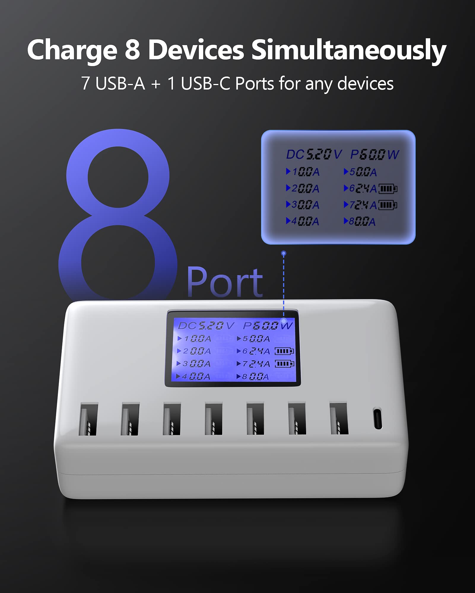 60W 8-Port USB C Charging Station with LCD Display - Fast Multi Device Charger Hub for iPhone 15/14/13, iPad, Samsung Galaxy, Android Phones - Perfect for Home, Office & Travel (White)