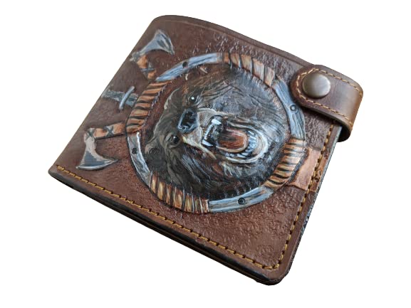 **Handmade 3D Genuine Leather Bifold Wallet for Men - Axe, Sword & Bear Hunting Themed Carved Design - Custom Personalized Airbrush Art Wallet for Outdoor Enthusiasts & Gift Ideas**    *(Perfect for Hunters, Camping, Outdoor Adventures & Unique Gifts for Men)*