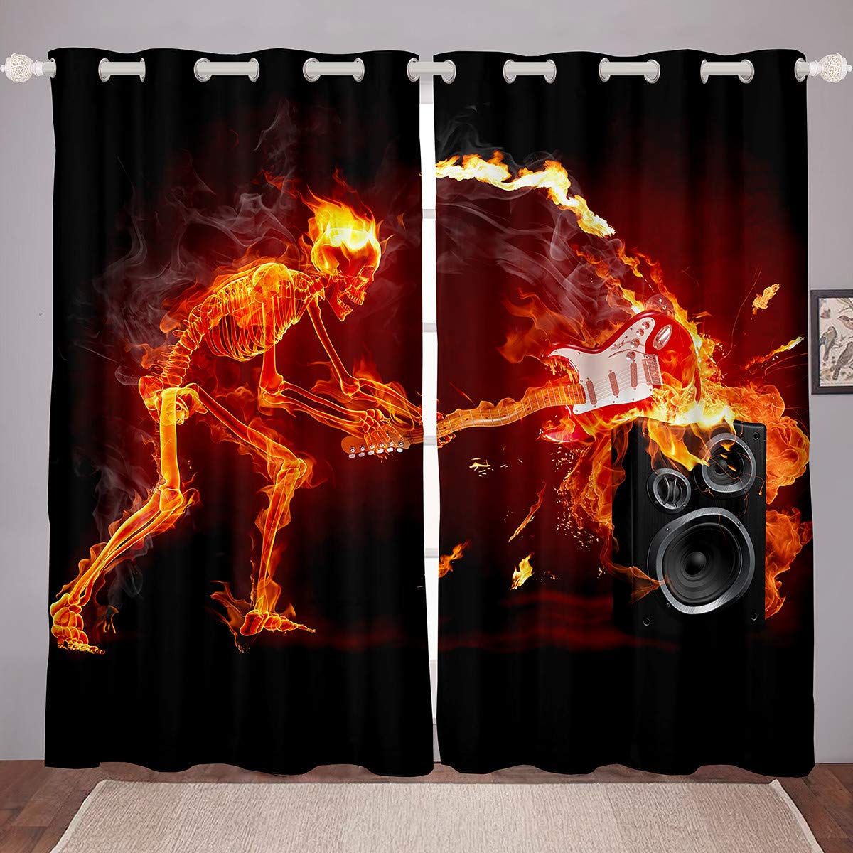 3D Skeleton Music Blackout Window Curtains - Gothic Castle Fairy Flame Skull Design, Soft Microfiber 2 Panel Set (104W x 84L Inches) for Bedroom, Living Room & Home Theater Decor