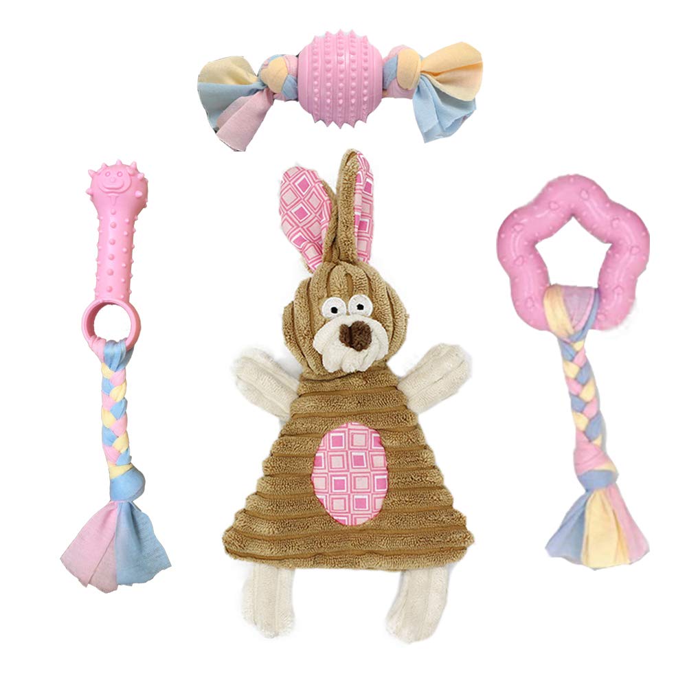 Volacopets Puppy Chew Toys for Small Dogs - 4 Pack Soft Rubber Teething Toys for Puppies, Interactive Dog Toys for Tiny Breeds, Cute Pink Bunny Design - Perfect for Teething Relief & Playtime at Home or Outdoors