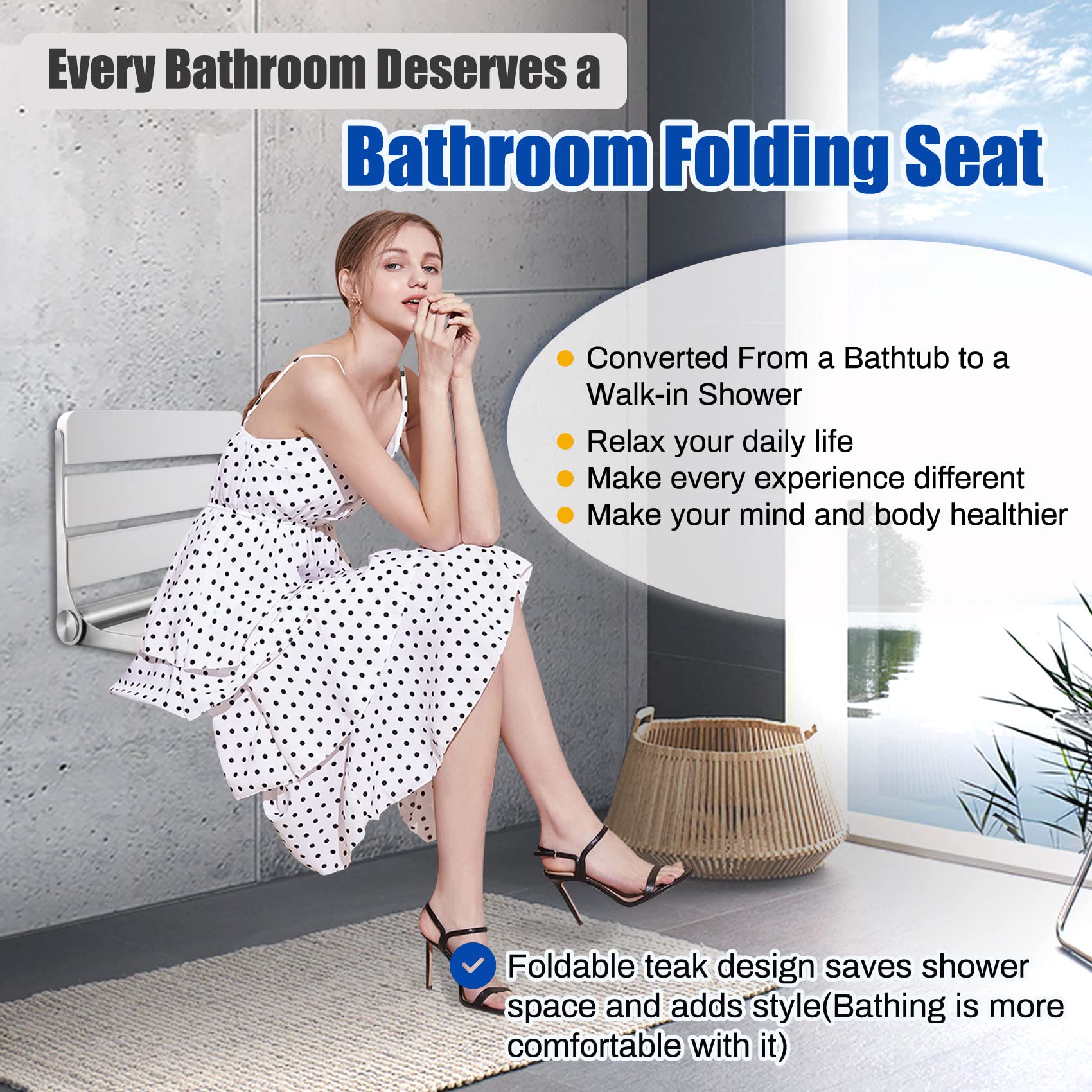 Premium Teak Shower Seat - Waterproof Folding Wall Mounted Shower Bench for Elderly & Disabled - Bathroom Safety Stool for Spa, Sauna & Home Use